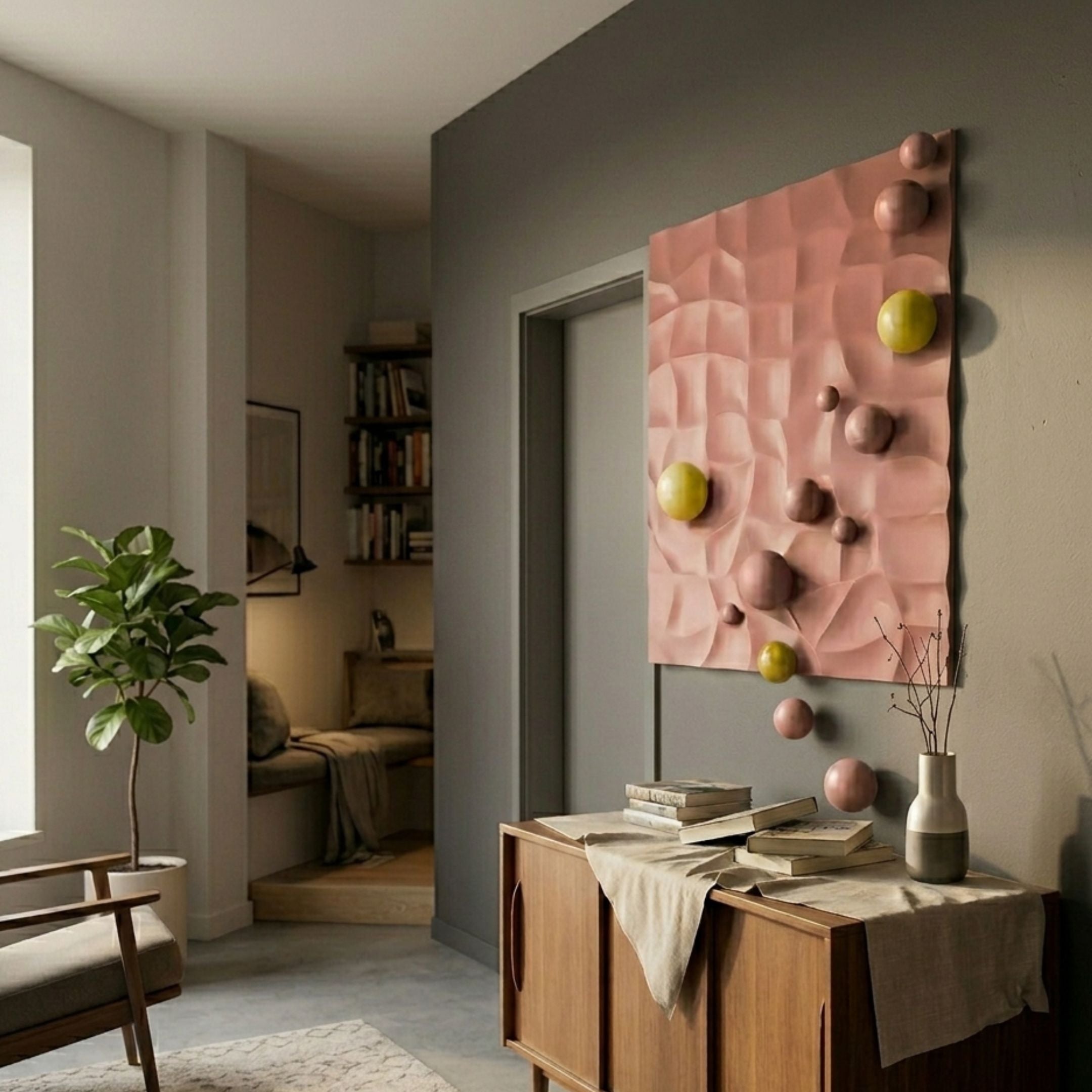 Orbison Peach 3D Wood Relief Wall Art by Giant Sculptures, peach wave-carved panel with yellow and blush spheres, mounted in a hallway above a wood sideboard.