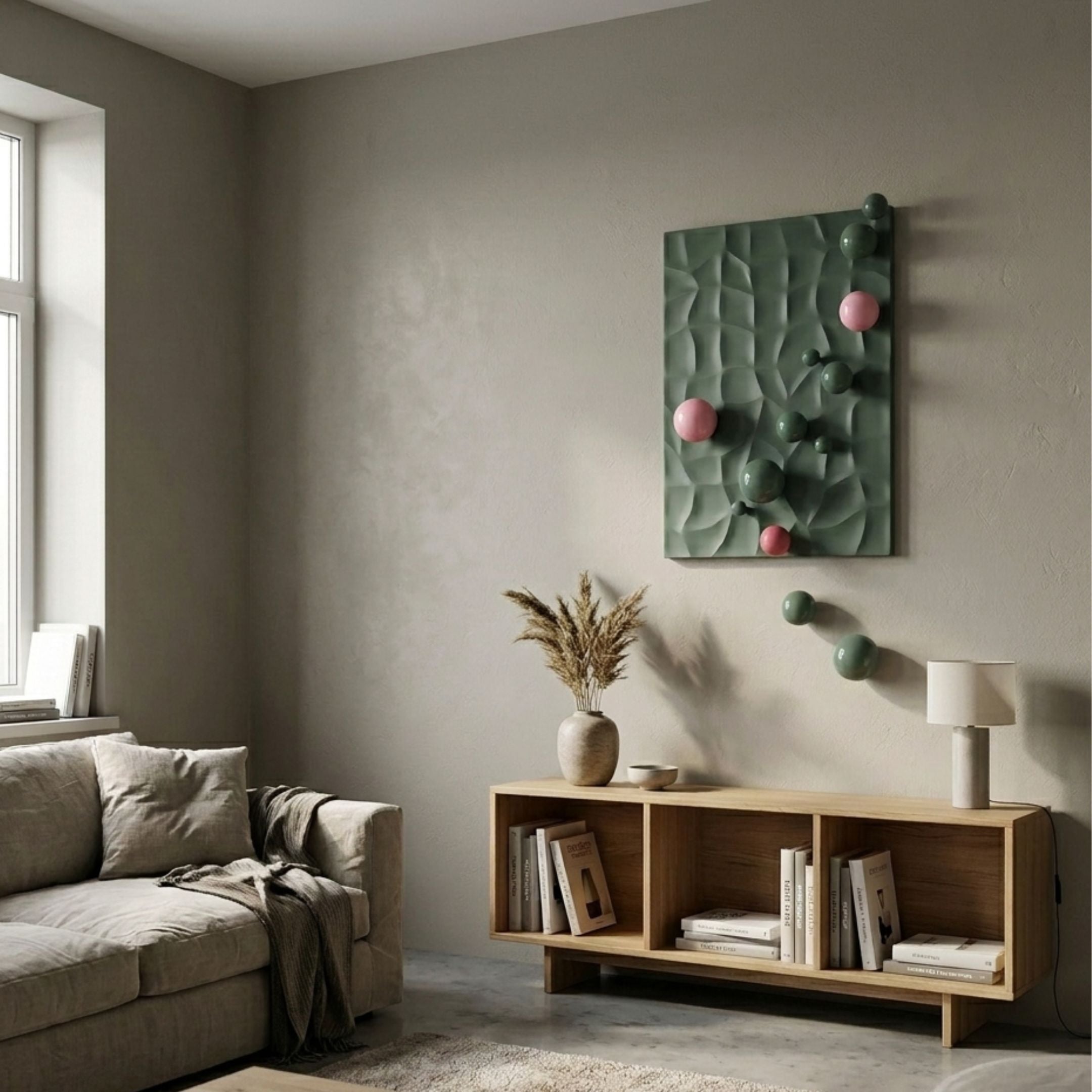 Orbison Sage Green 3D Wood Relief Wall Art with floating green and pink metal balls displayed above an oak console in a neutral modern living room.