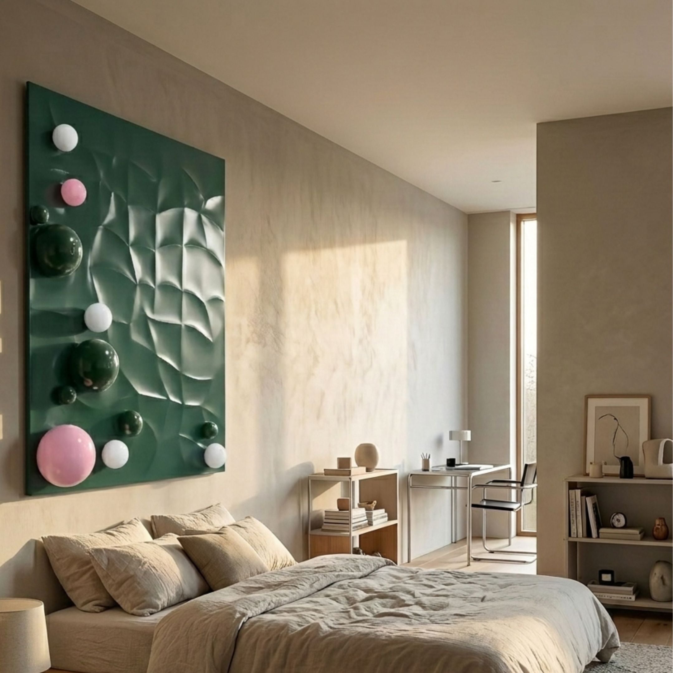 Orbison Green 3D Wood Relief Wall Art with pink, white, and dark green metal balls, mounted above a linen bed in a warm neutral bedroom.