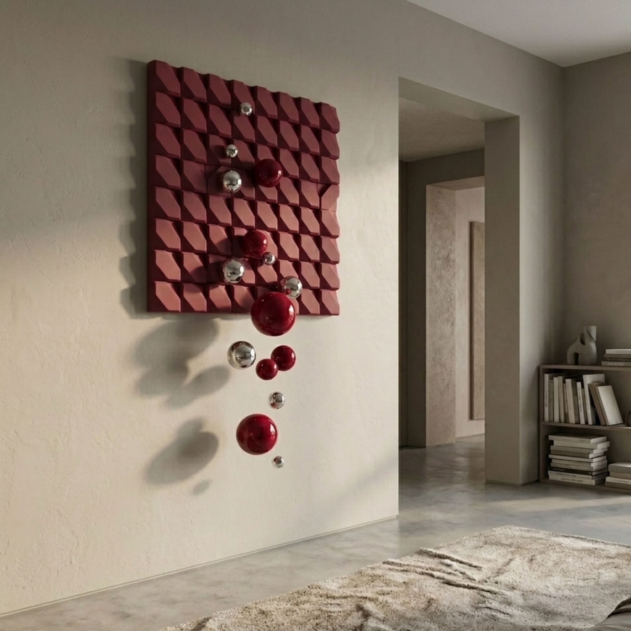 Orbina Crimson Red 3D Wood Relief Wall Art with red and silver metal spheres trailing down a neutral hallway wall beside a low bookshelf.