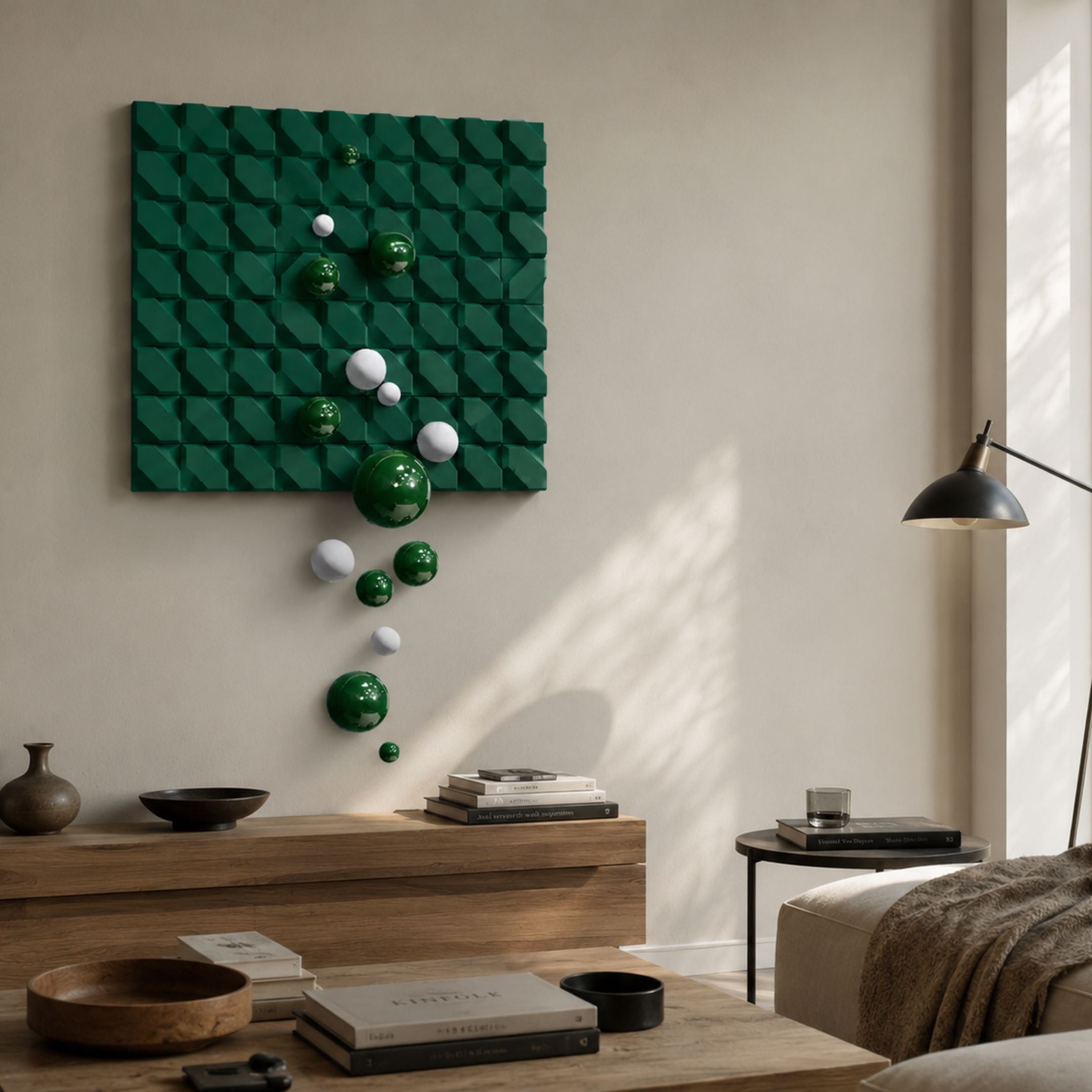 Orbina Green 3D Wood Relief Wall Art by Giant Sculptures, featuring a green geometric grid panel with glossy green and white spheres cascading diagonally, mounted above a wooden sideboard in a sunlit living room.