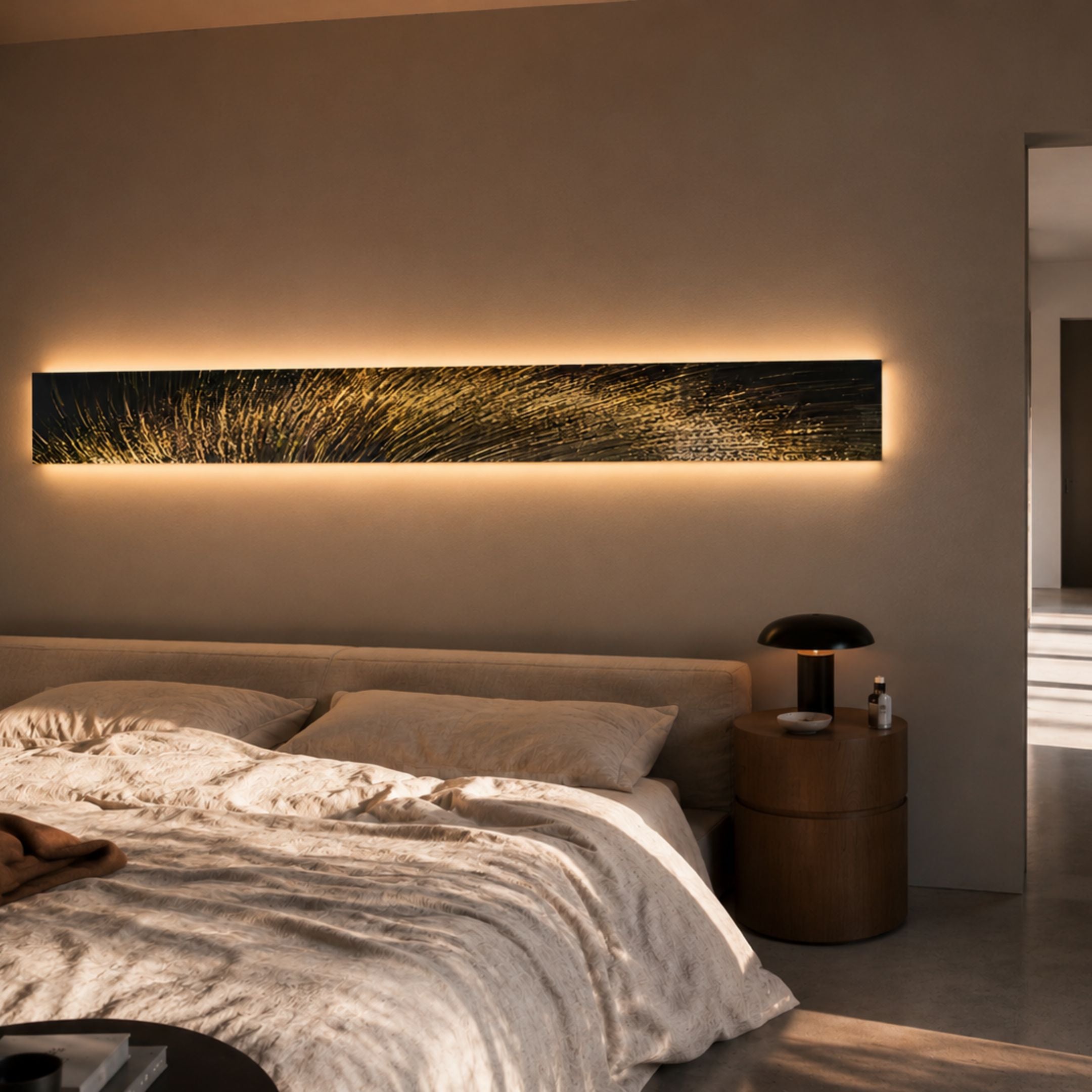 Radiance Golden Canvas LED Wall Art mounted above an upholstered bed, casting a warm backlit glow beside a round wooden nightstand with a black lamp.