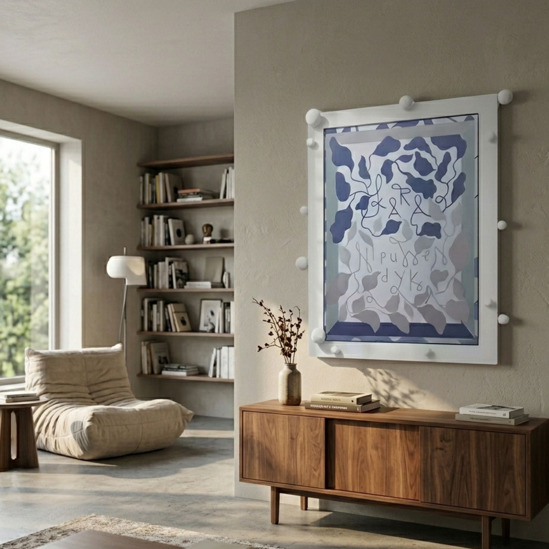 Florere Misty Blue Hand-Painted Sandstone 3D Wall Art by Giant Sculptures displayed above a walnut sideboard in a Nordic living room with bookshelves and a beige lounge chair.