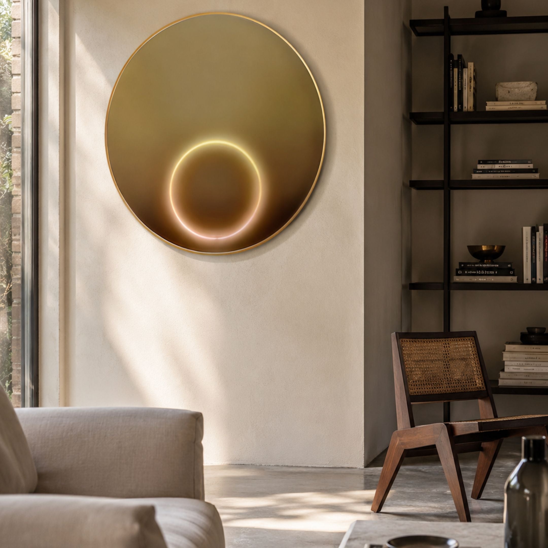 Aurora Golden Halo Crystal Porcelain LED Wall Art mounted on a cream wall in a modern living room with a cane chair, dark bookshelf, and beige sofa.