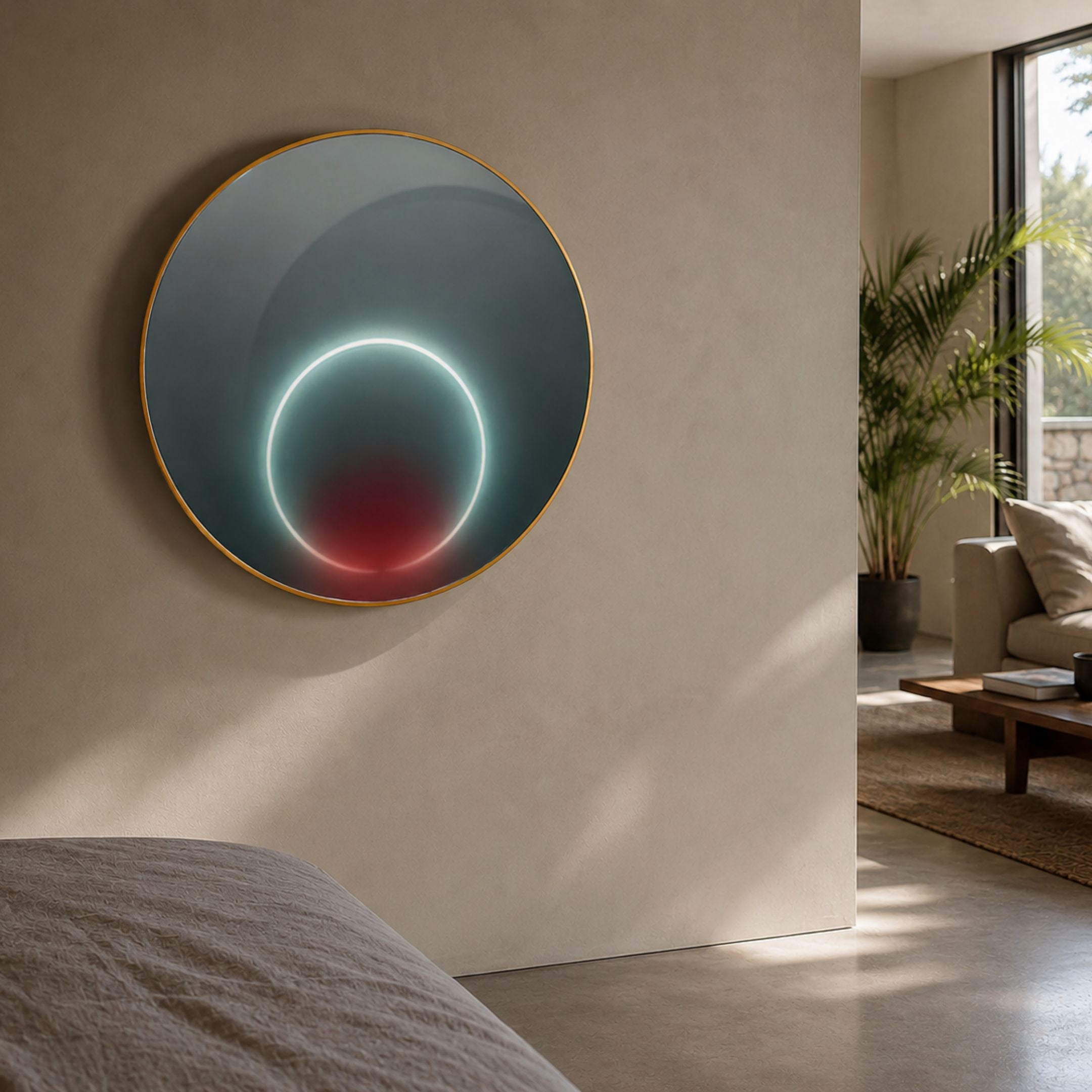 Aurora Teal Crimson Crystal Porcelain LED Wall Art by Giant Sculptures, a gold-rimmed circular piece with glowing white ring and crimson gradient, on a beige bedroom wall.