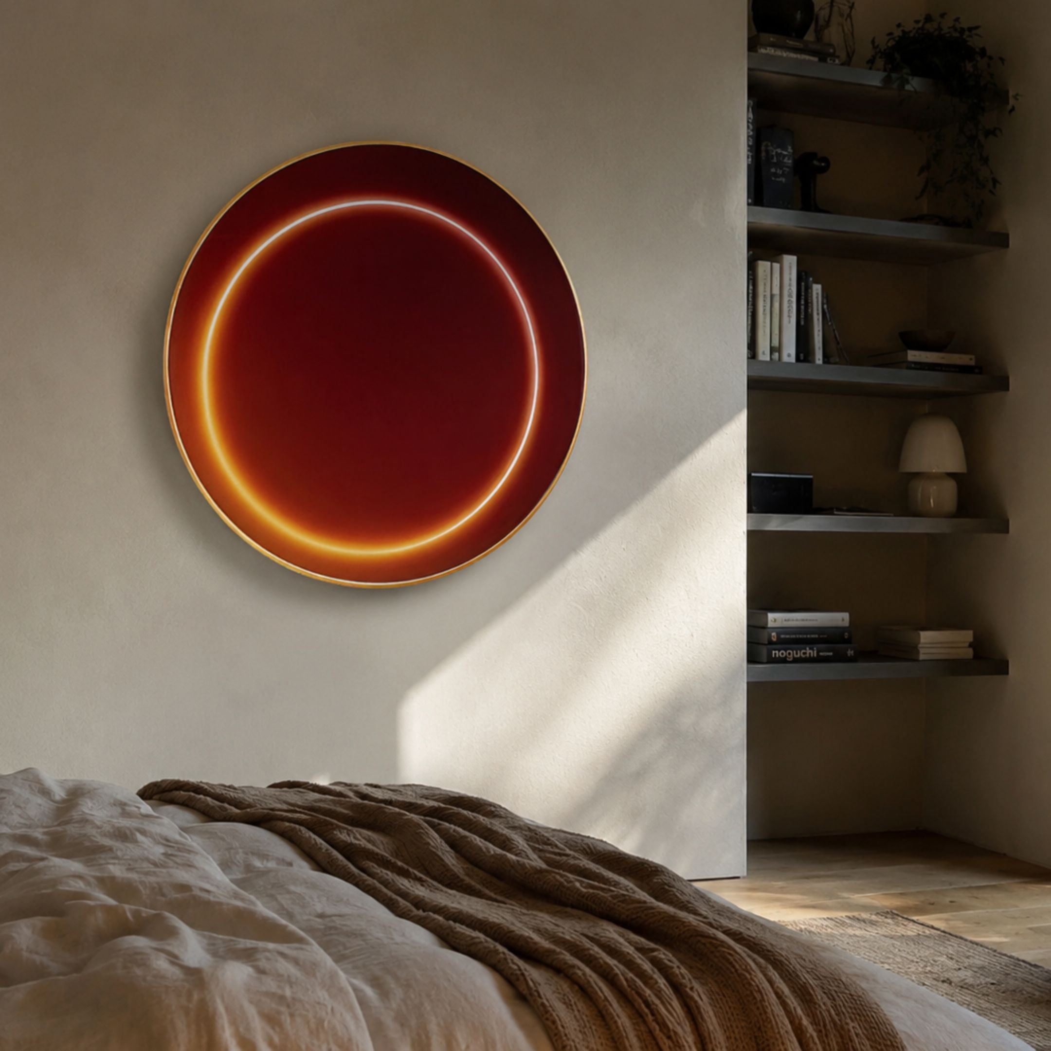 Aurora Ember Glow Crystal Porcelain LED Wall Art by Giant Sculptures, a deep red circular panel with glowing curved light arcs and gold rim, mounted above a bed beside dark shelving.