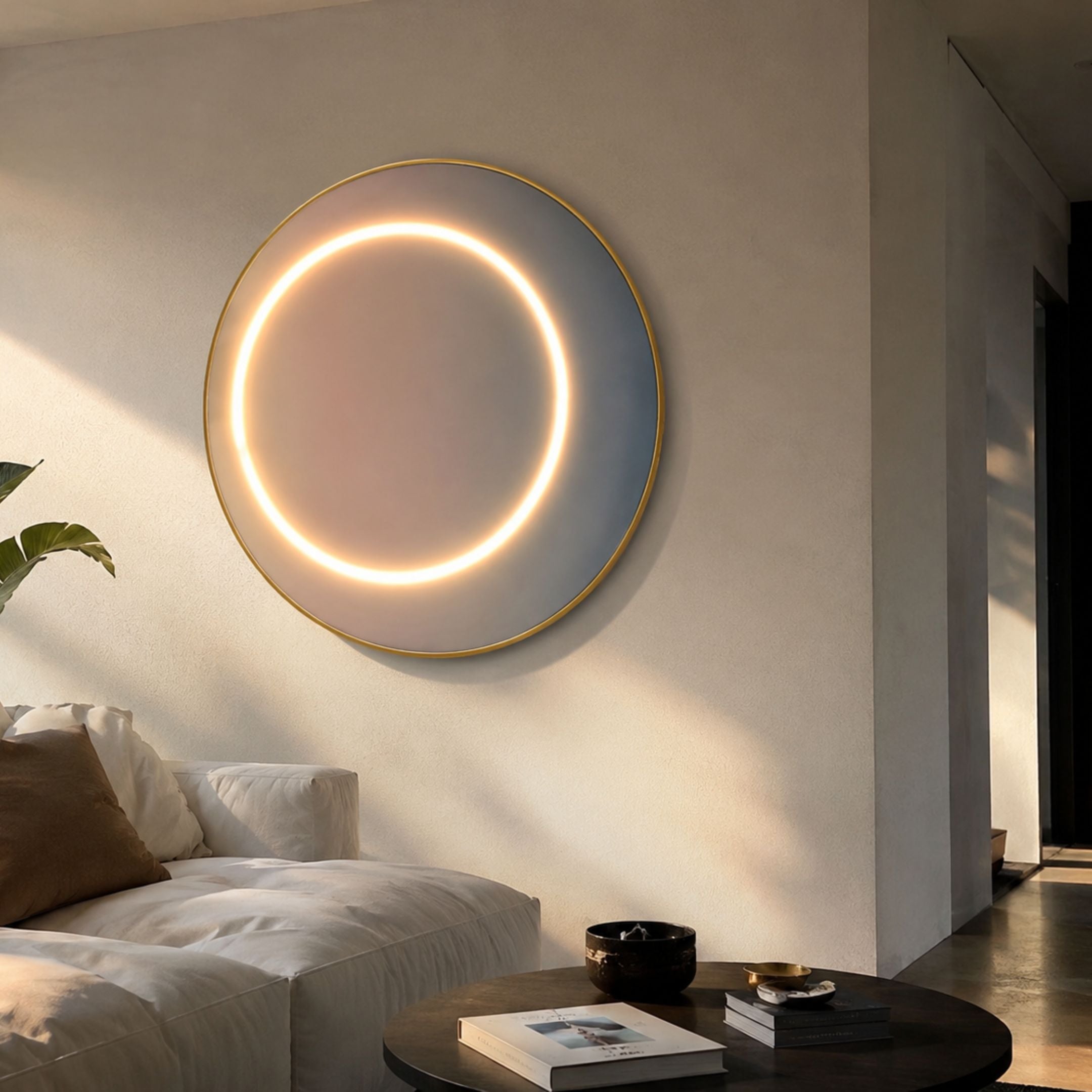 Aurora Blush Mist Crystal Porcelain LED Wall Art mounted above a white sofa, its glowing warm-white ring illuminating the pink and blue gradient within a slim gold frame.