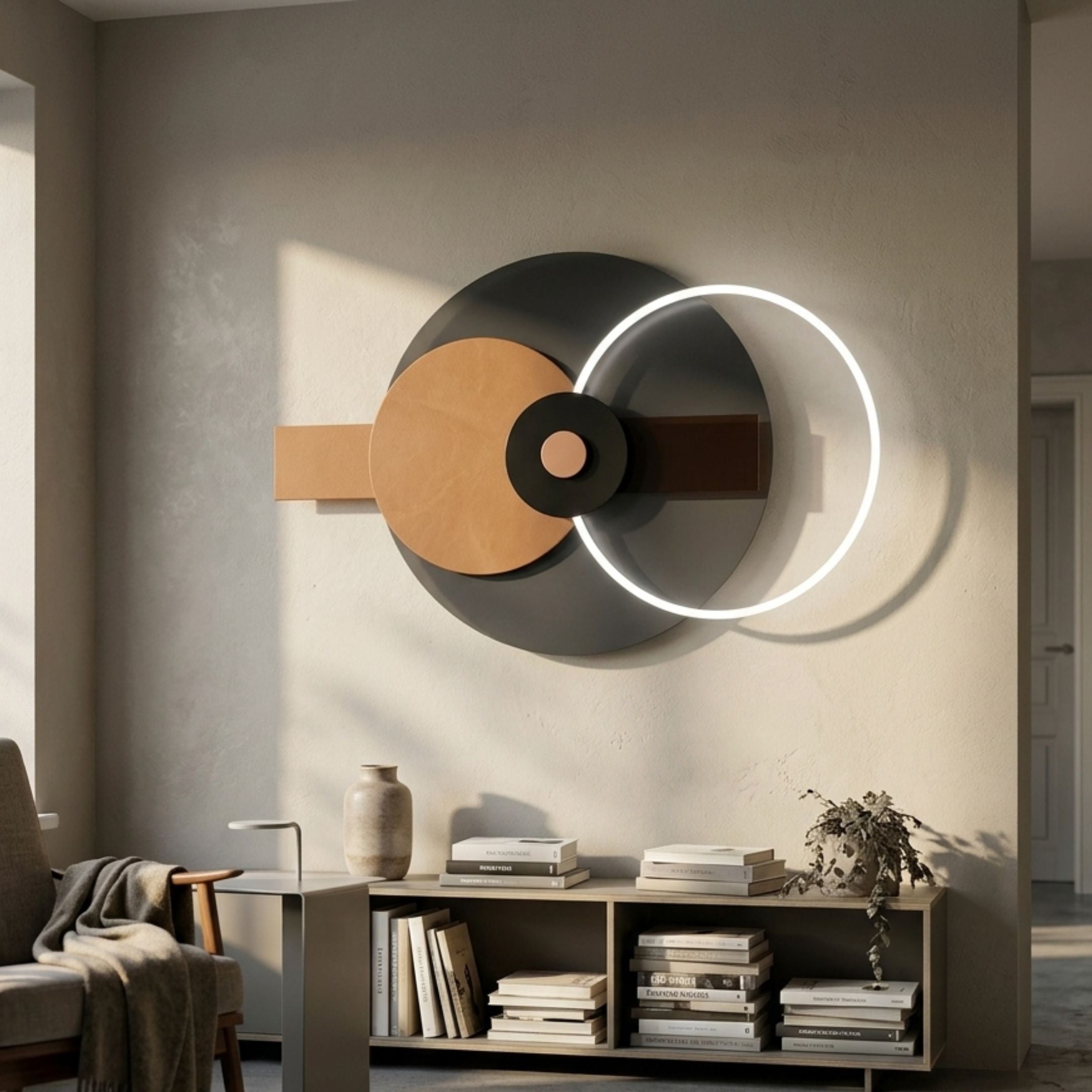 Eclipse II Charcoal Bronze Acrylic 3D LED Wall Art by Giant Sculptures with layered circles and a glowing white arc, mounted above a console with books and vase.