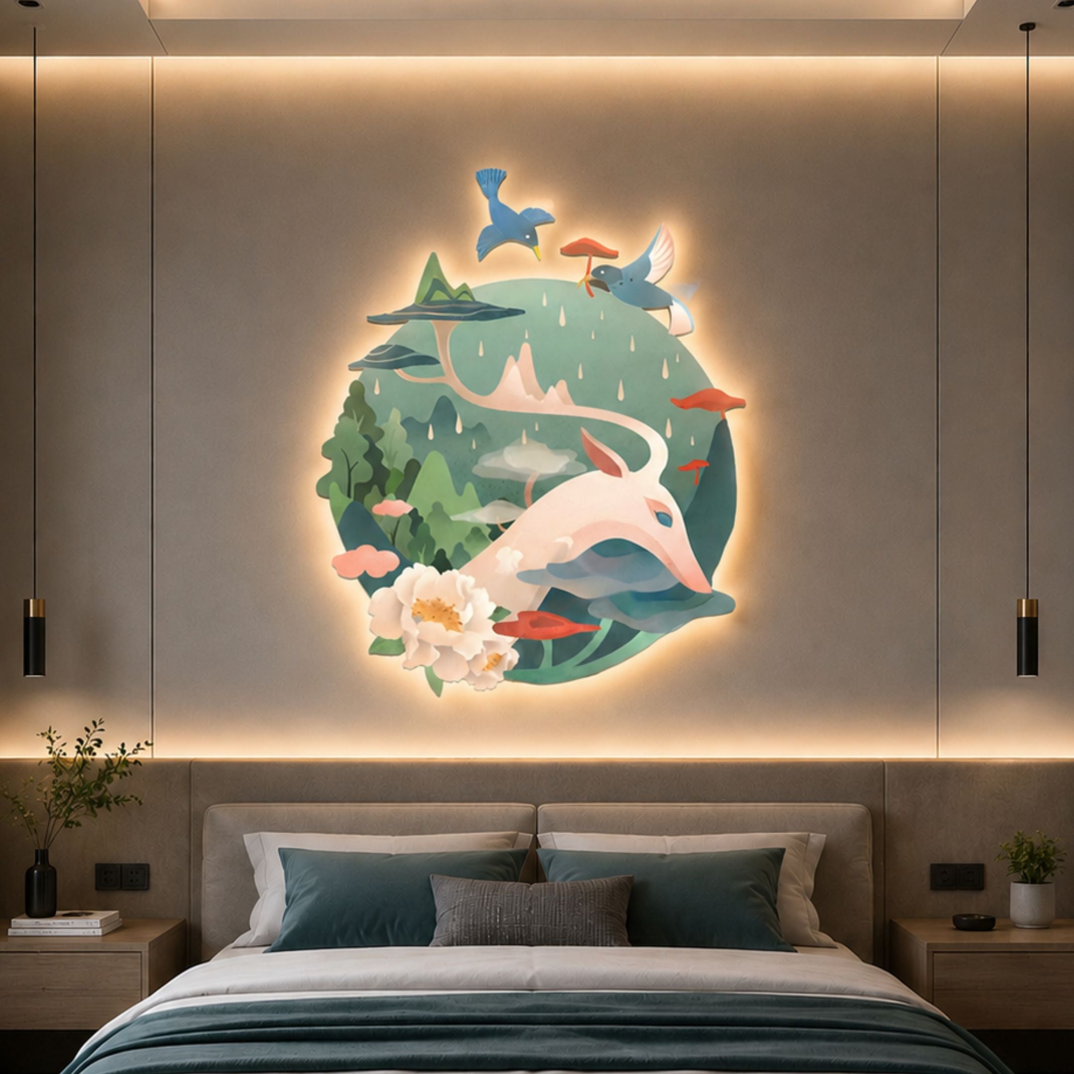 Gaia Soft Sage Wood Engraving 3D LED Wall Art by Giant Sculptures, a circular layered forest scene with white deer, mushrooms and blue birds, glowing above a bed.