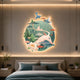 Gaia Soft Sage Wood Engraving 3D LED Wall Art by Giant Sculptures, a circular layered forest scene with white deer, mushrooms and blue birds, glowing above a bed.