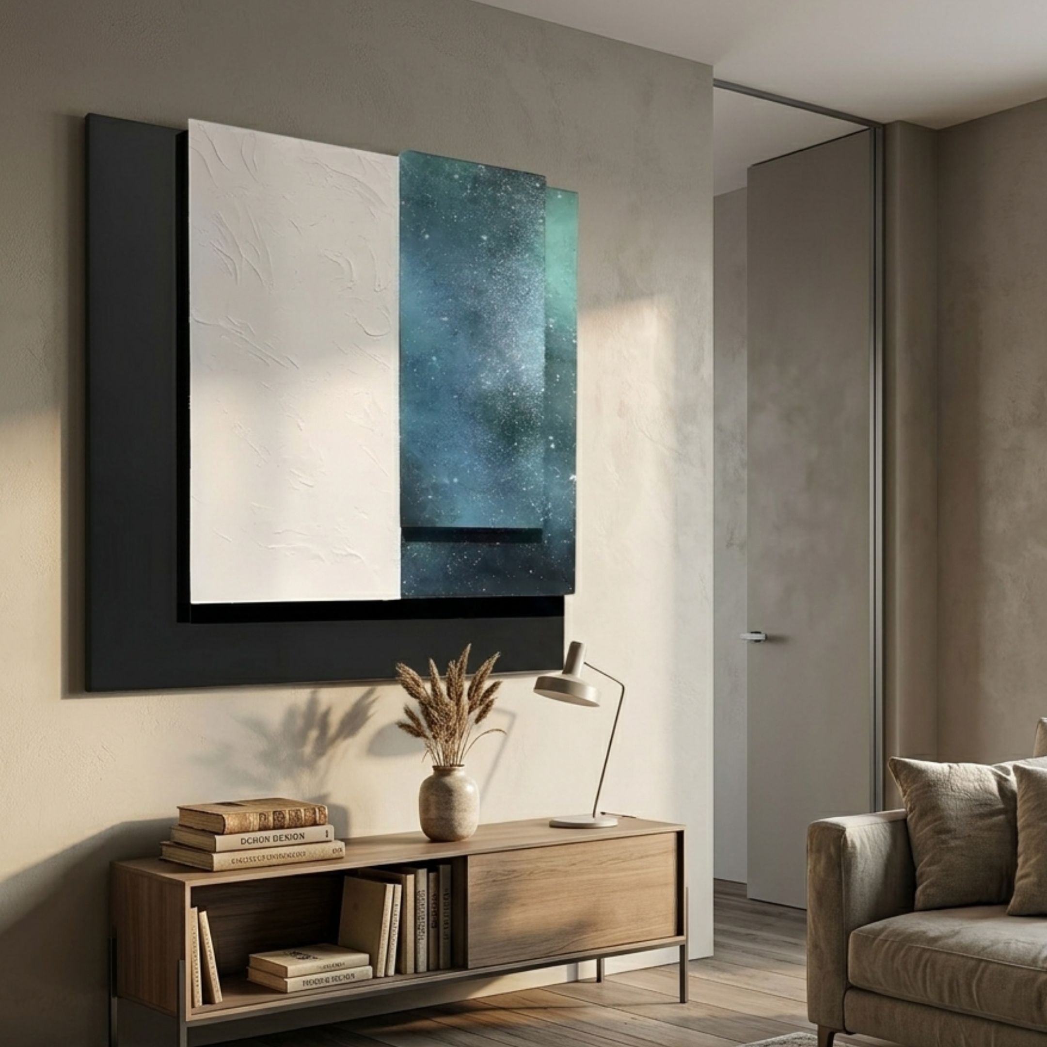 Astra Midnight Teal Textured Wood Carving 3D Wall Art with layered white carved and speckled teal panels on black backing, above a wooden console.