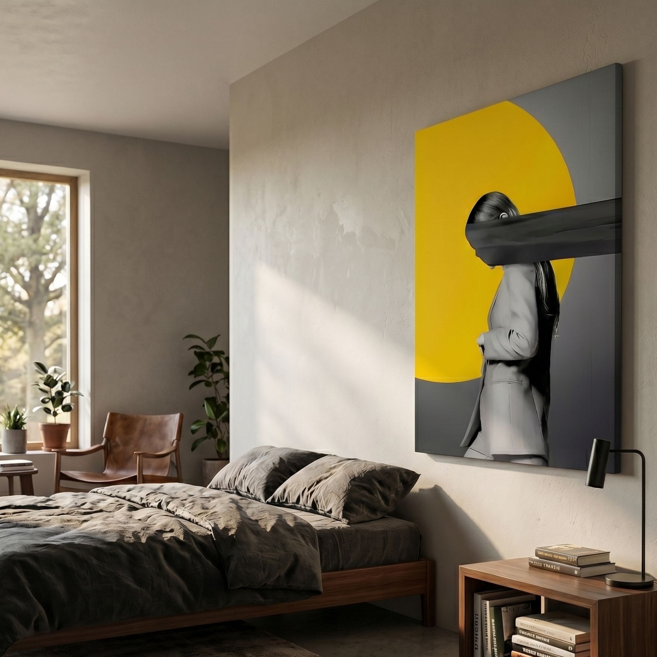 Orison Golden Pulse Crystal Porcelain Wall Art by Giant Sculptures mounted above a bed in a modern bedroom with linen bedding, leather chair, and plants.