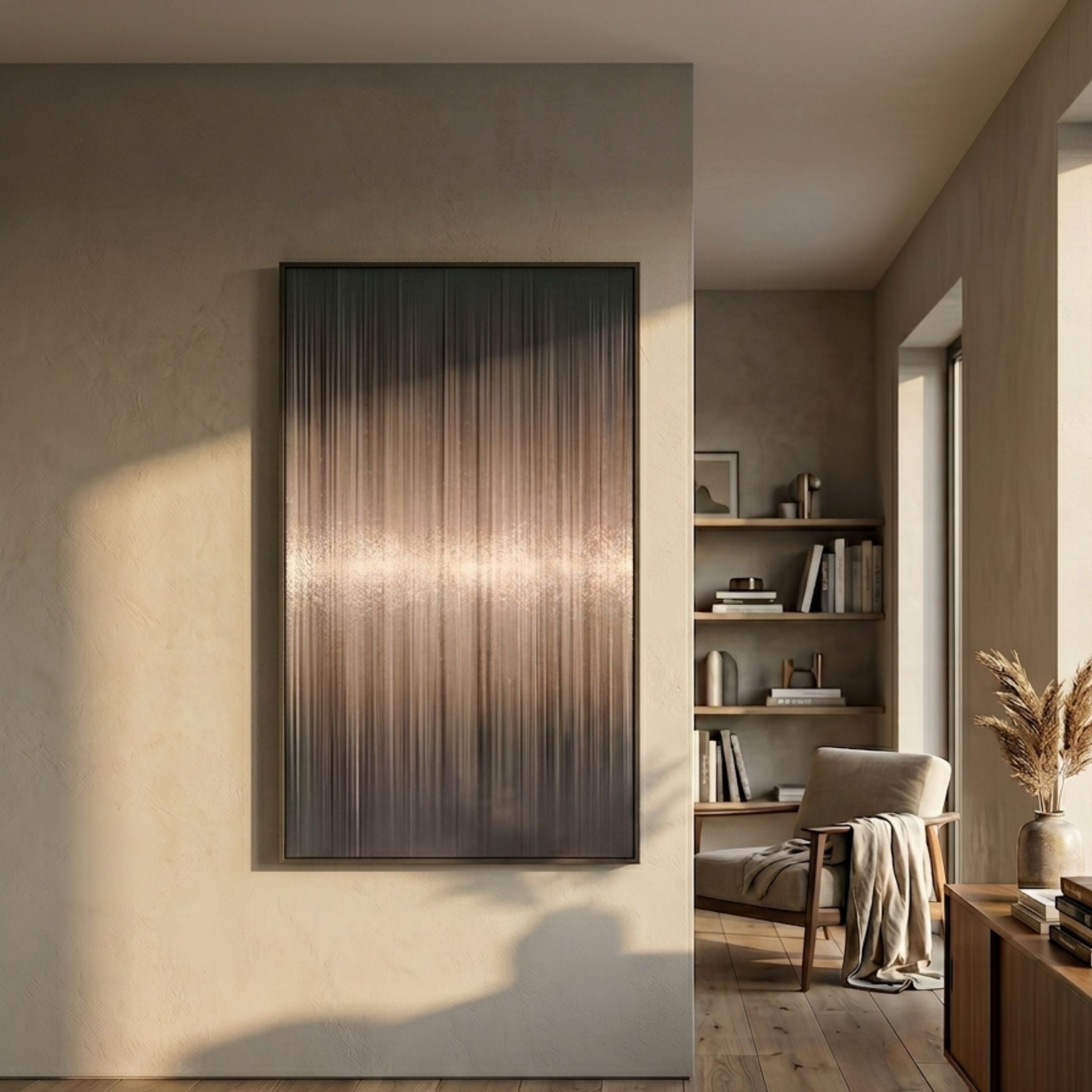 Celeste Cosmic Veil LED Wall Art by Giant Sculptures displayed on a beige plaster wall in a sunlit living space with a wooden bookshelf, armchair, and pampas grass.