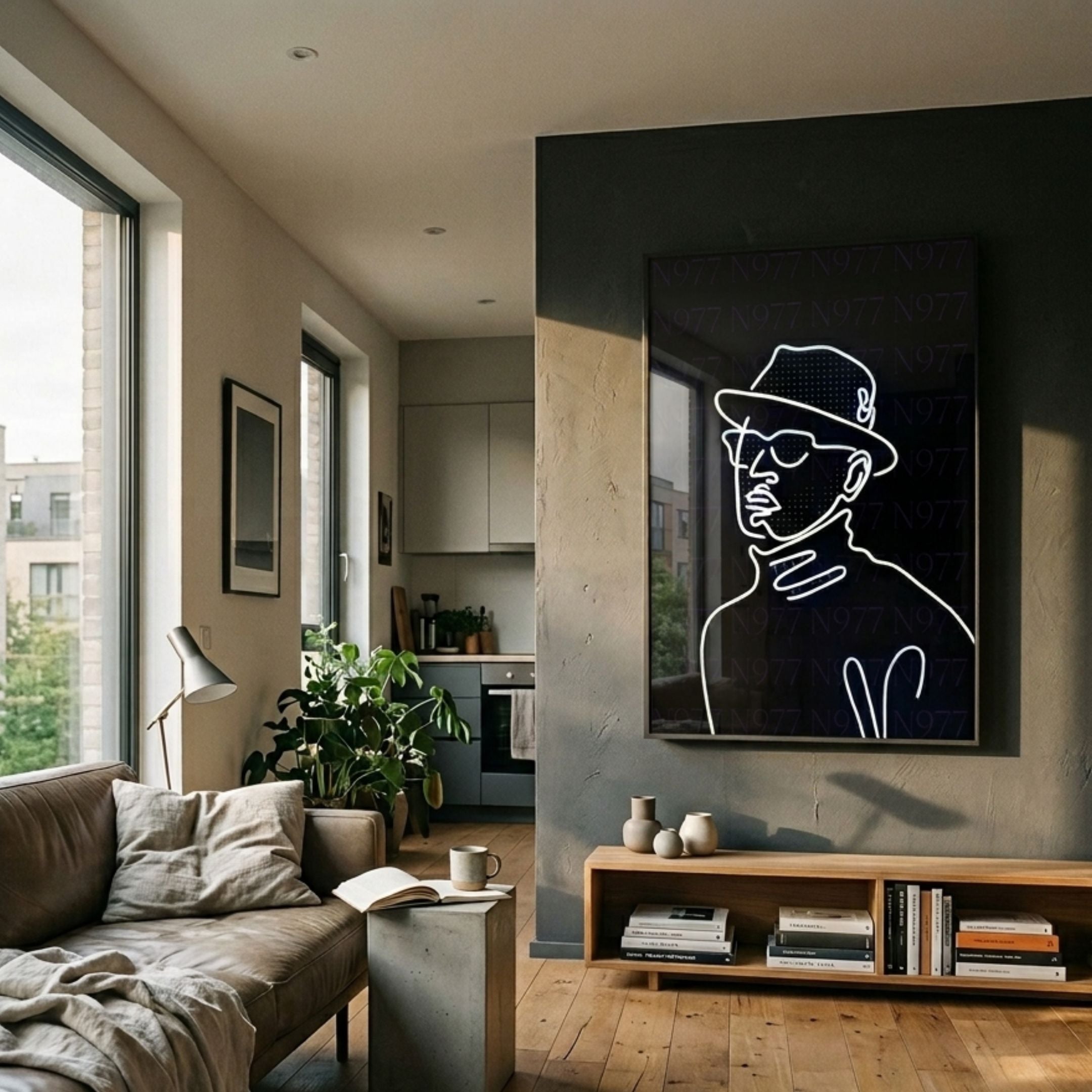 Polaris Retro Charm Crystal Porcelain 3D LED Wall Art with a glowing neon line portrait of a hatted figure, displayed in a modern living room above a wooden console.