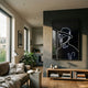 Polaris Retro Charm Crystal Porcelain 3D LED Wall Art with a glowing neon line portrait of a hatted figure, displayed in a modern living room above a wooden console.
