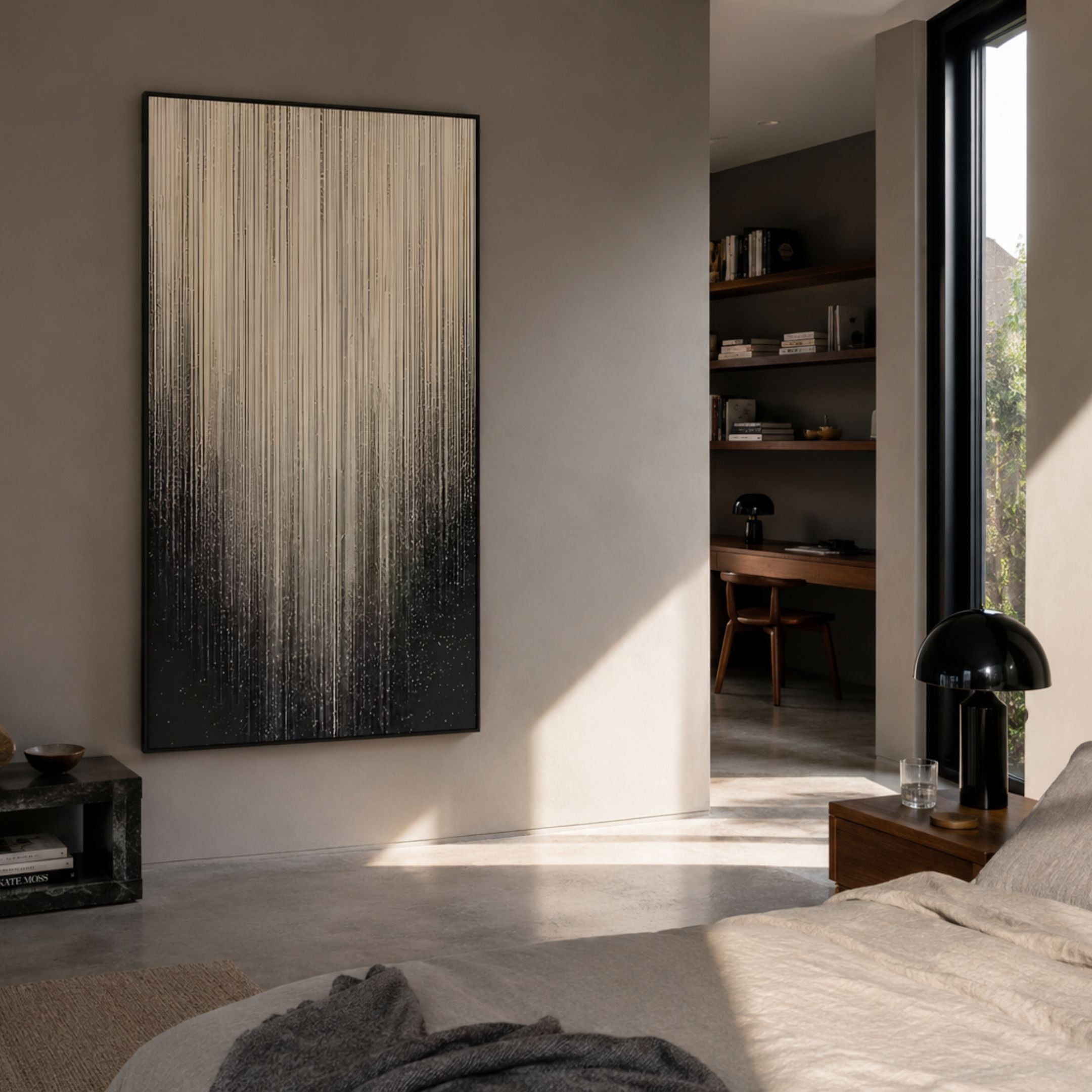 Celeste Lightfall LED Wall Art by Giant Sculptures displayed in a modern bedroom, its cream cascading streaks on charcoal anchoring the wall beside a study nook.