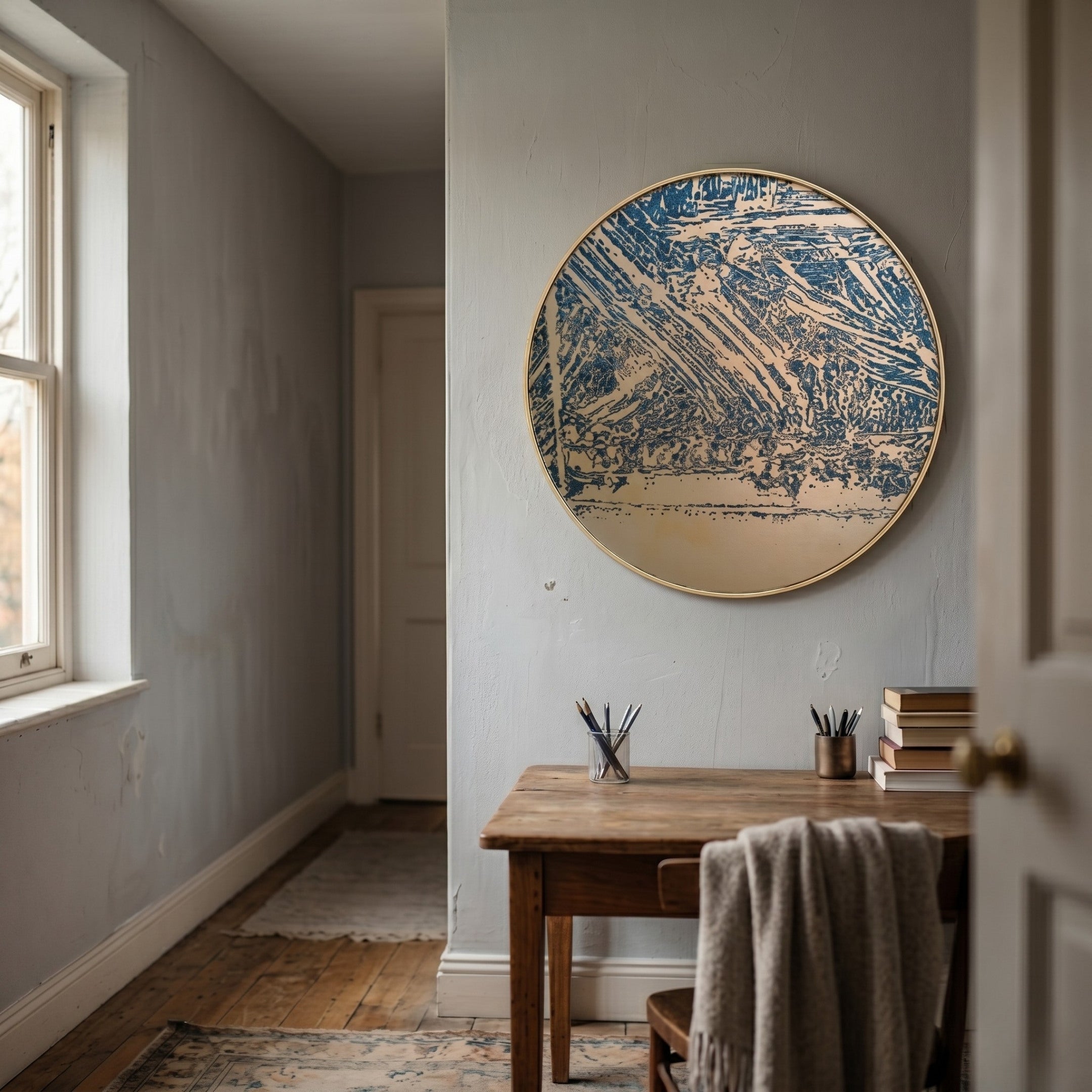 A small wooden desk with books, pencils, and a draped blanket sits by a pale wall. Above hangs the Auralune Black Line Etching Abstract Round 3D Wall Art by Giant Sculptures—an ideal blue and beige accent for modern living spaces. Light enters from the left window.