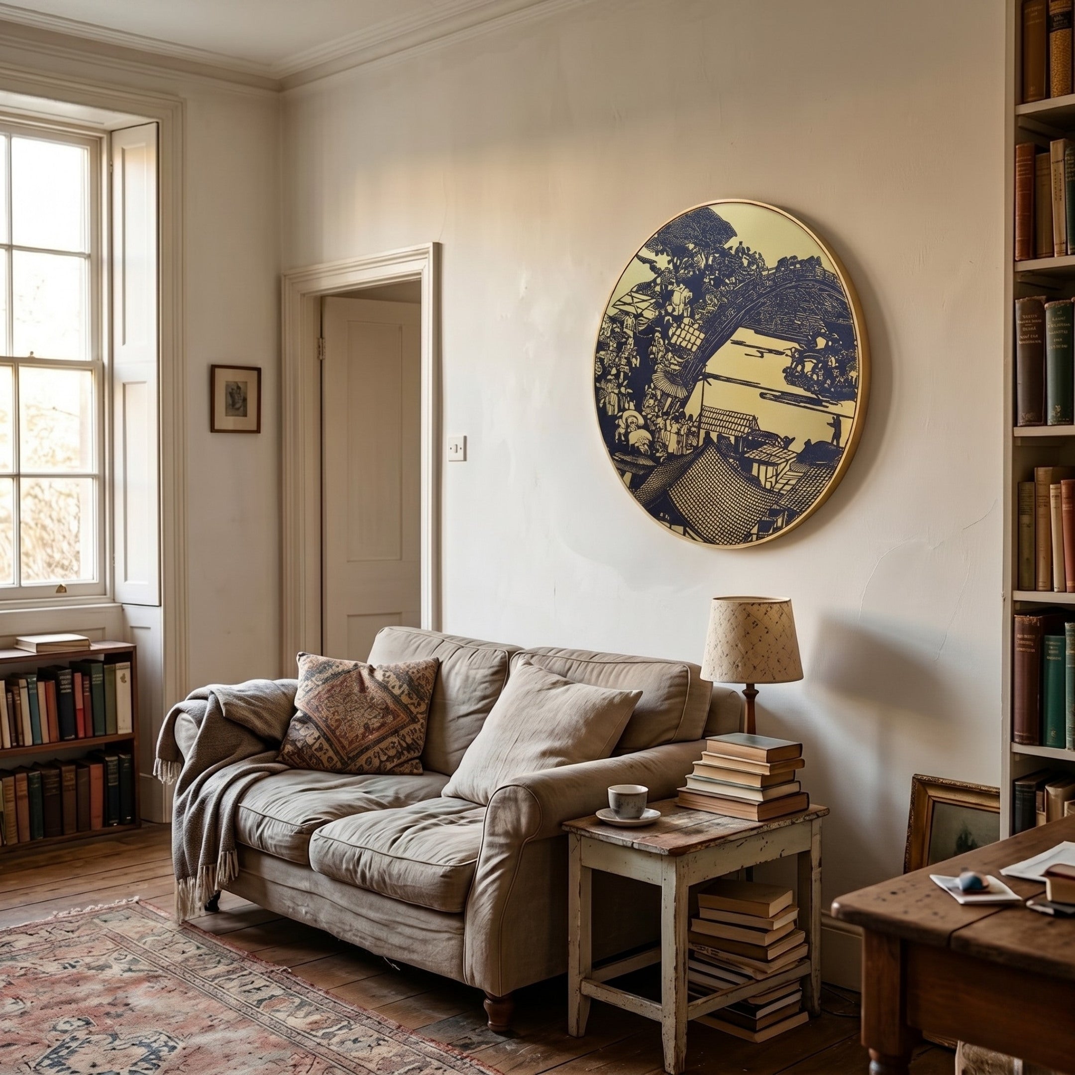 A cozy living room features a beige sofa with a patterned pillow and throw blanket. Above, the Auralune Golden Market Scene Round 3D Wall Art by Giant Sculptures adds flair. A side table with books and a cup plus bookshelves and a large window complete the space.
