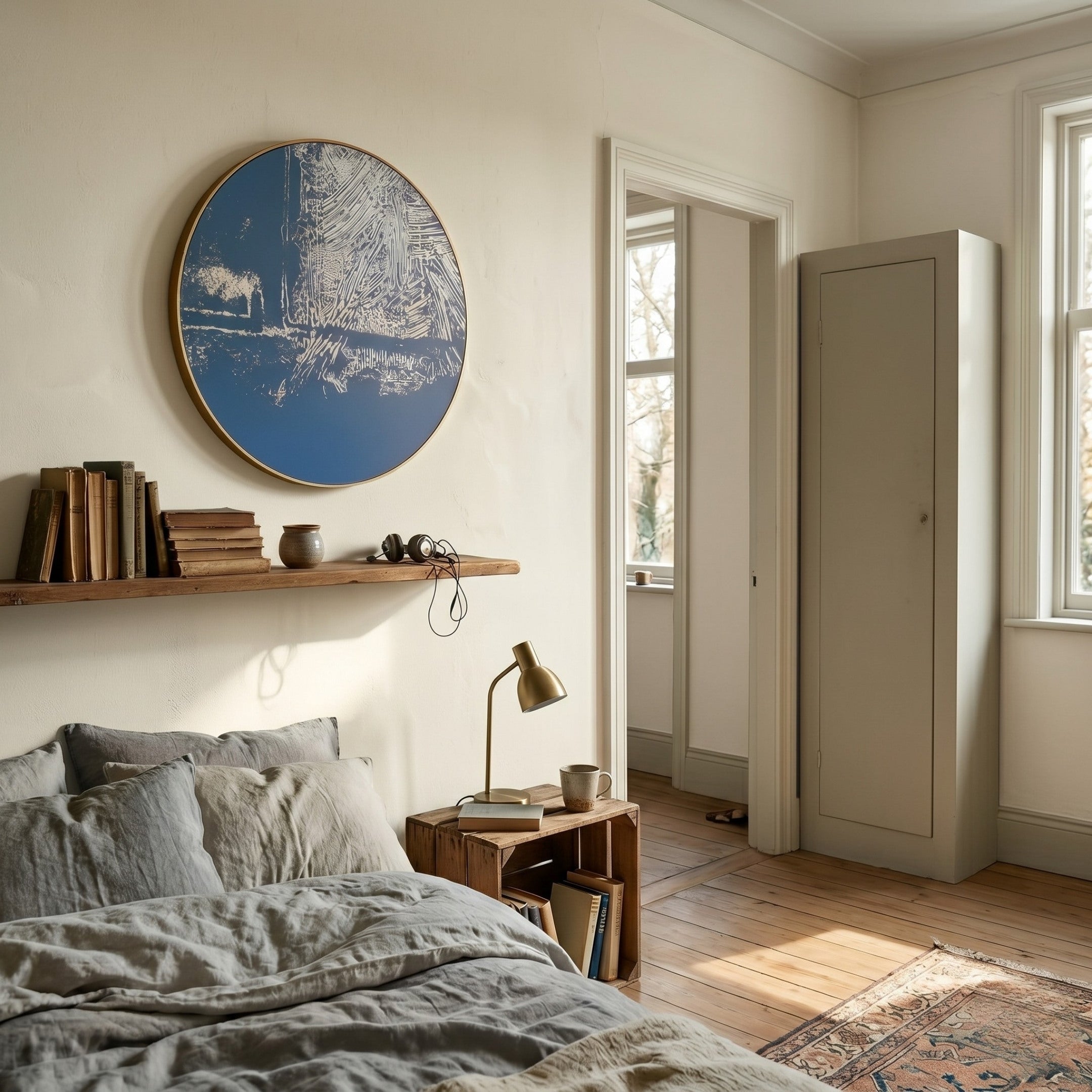 A cozy bedroom features a neatly made bed, a wooden shelf with books and decor, a small bedside table with a lamp and mug, a tall cabinet, large windows, and Giant Sculptures' Auralune Frosted Trace Blue Abstract Round 3D Wall Art.