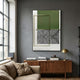 Optique Swirl Black & Green Square Wall Art by Giant Sculptures displayed above a walnut sideboard with brass lamp in a grey-walled modern living room.