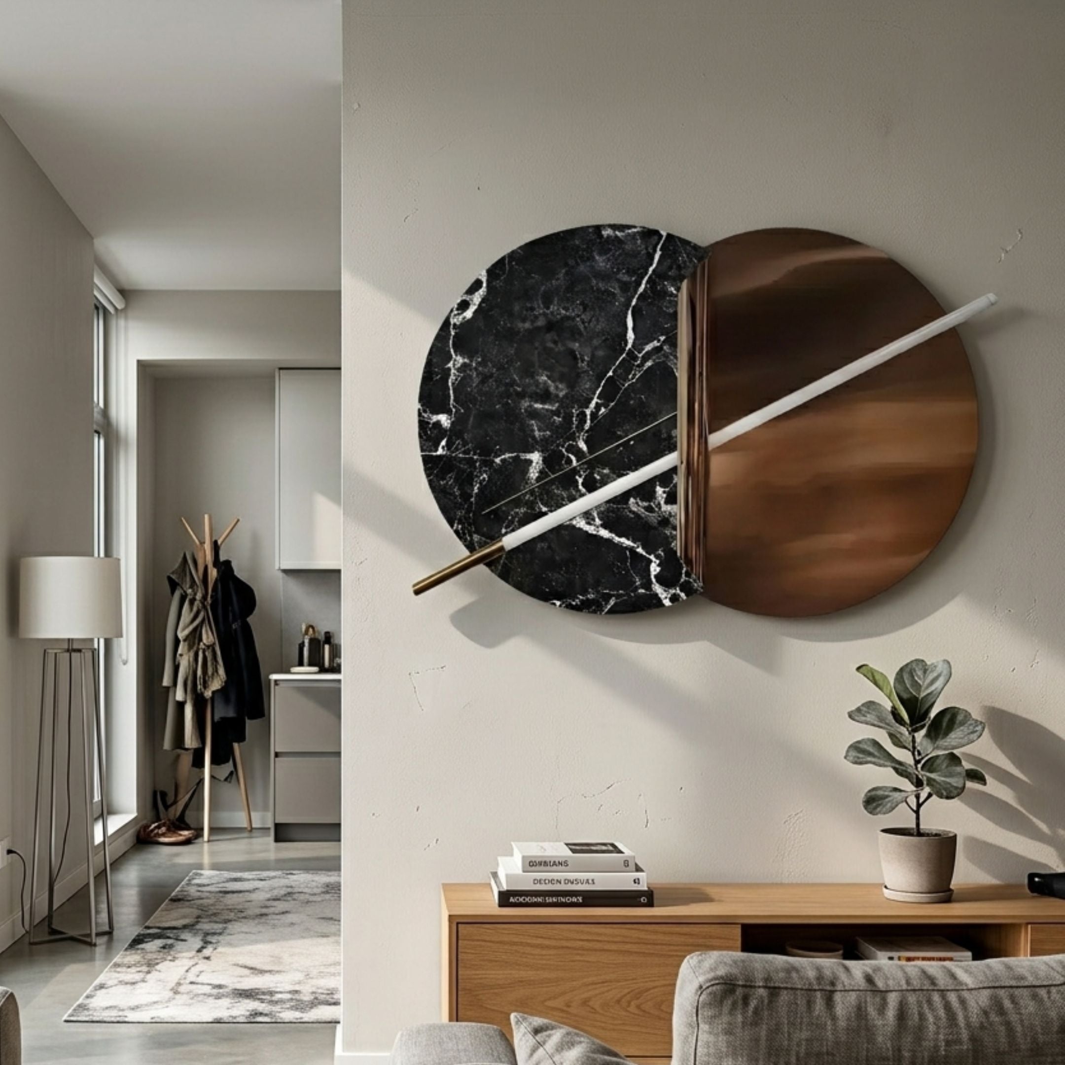 Lunaris Black Marble & Bronze LED Wall Art by Giant Sculptures, two overlapping discs crossed by a white and gold rod, mounted above a wood console.