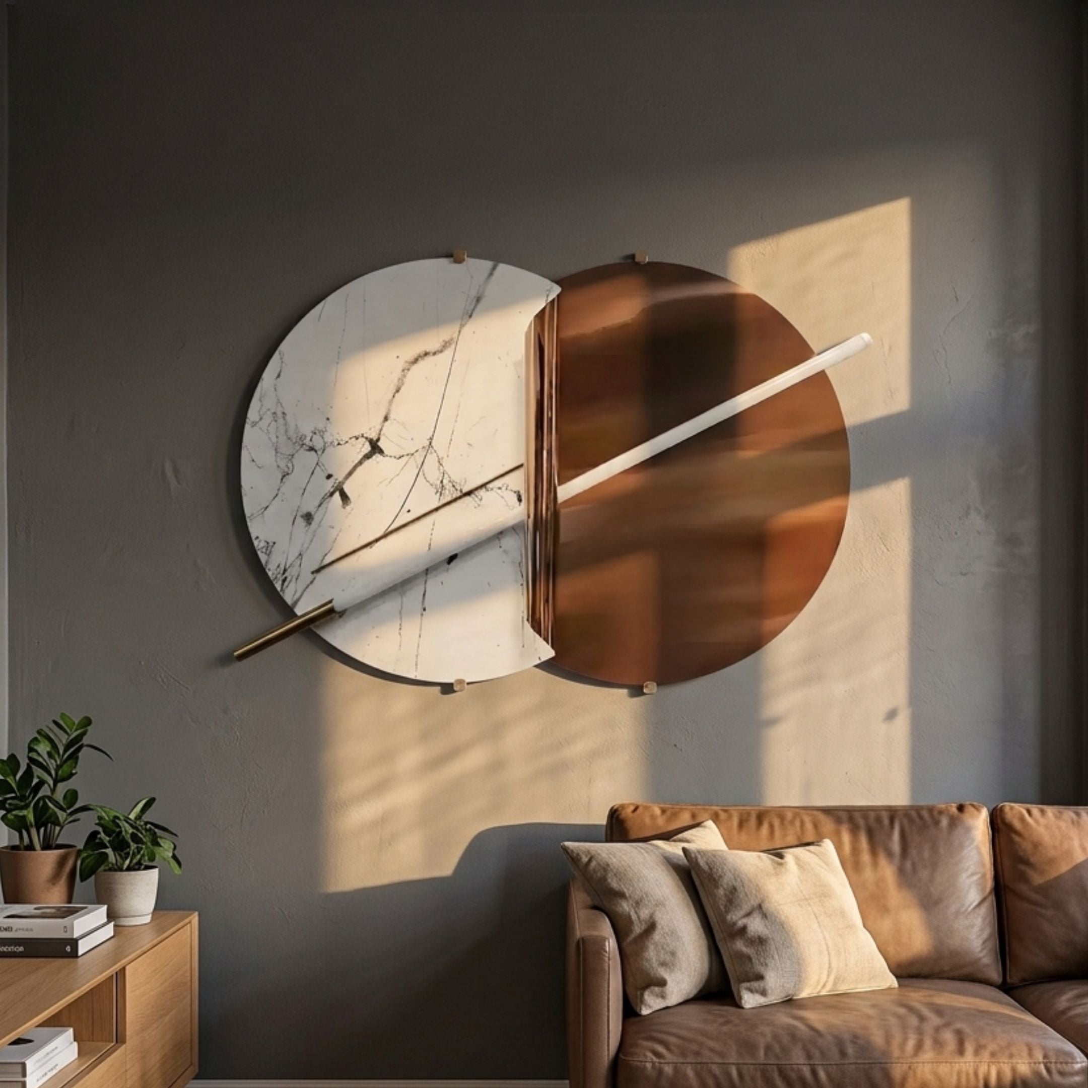 Lunaris White Marble & Bronze LED Wall Art by Giant Sculptures, mounted above a tan leather sofa on a dark grey wall with a wooden console and potted plants.