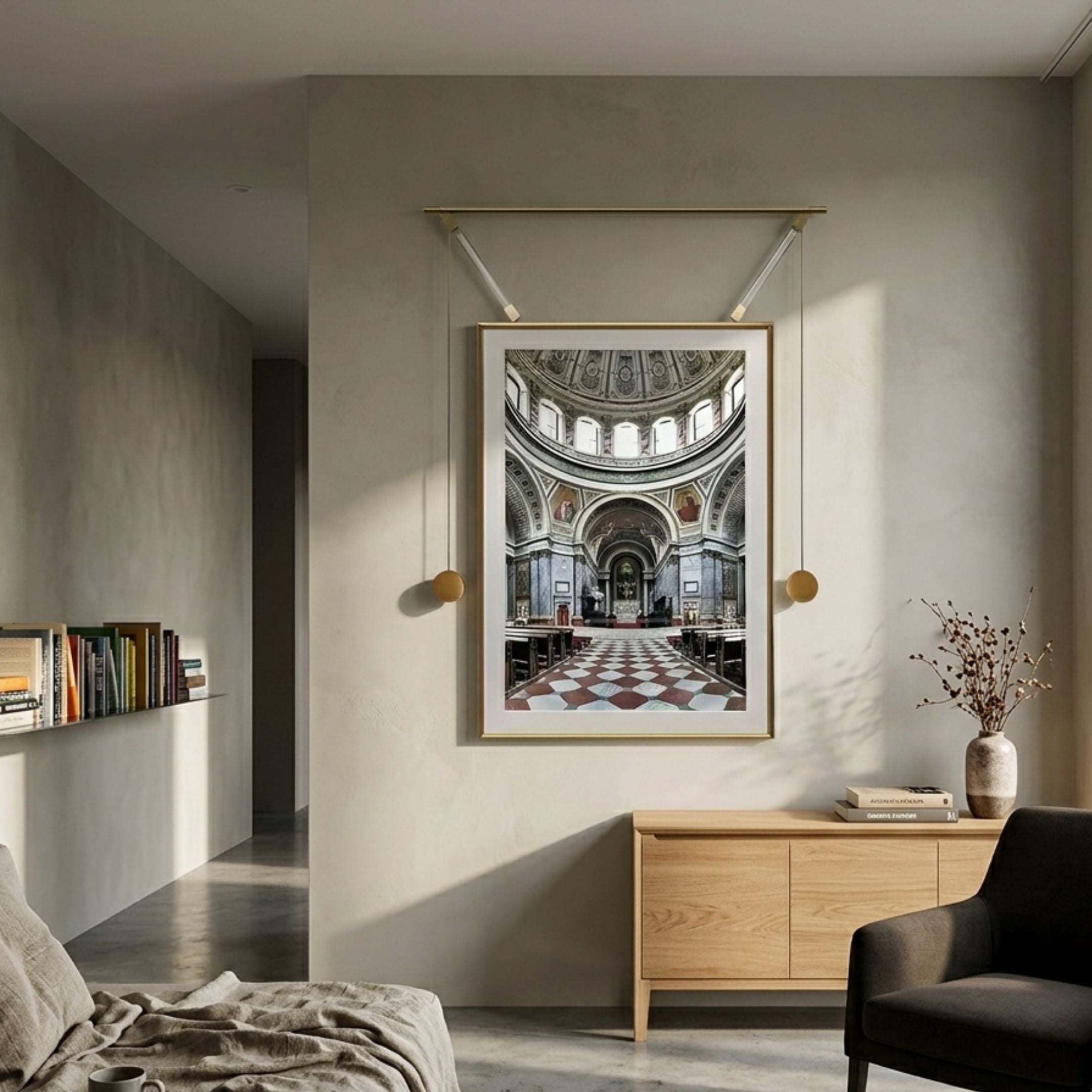 Aristo Dome Elegance gold frame wall art by Giant Sculptures suspended from twin rods above a wooden sideboard in a minimalist neutral living room.