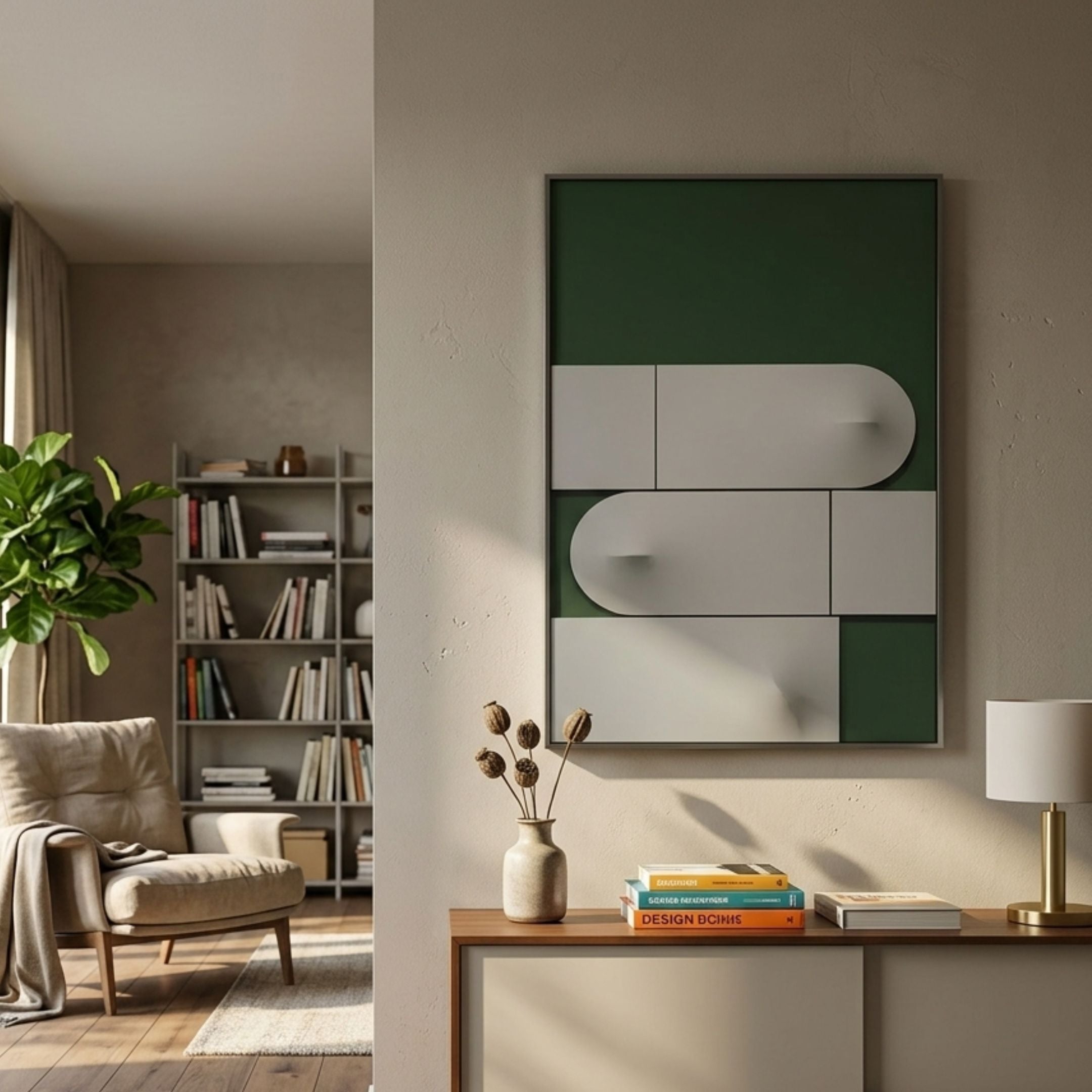 Opus Green Rounded Geometric Leather 3D Wall Art by Giant Sculptures displayed above a wooden console in a modern living room with armchair and bookshelf.