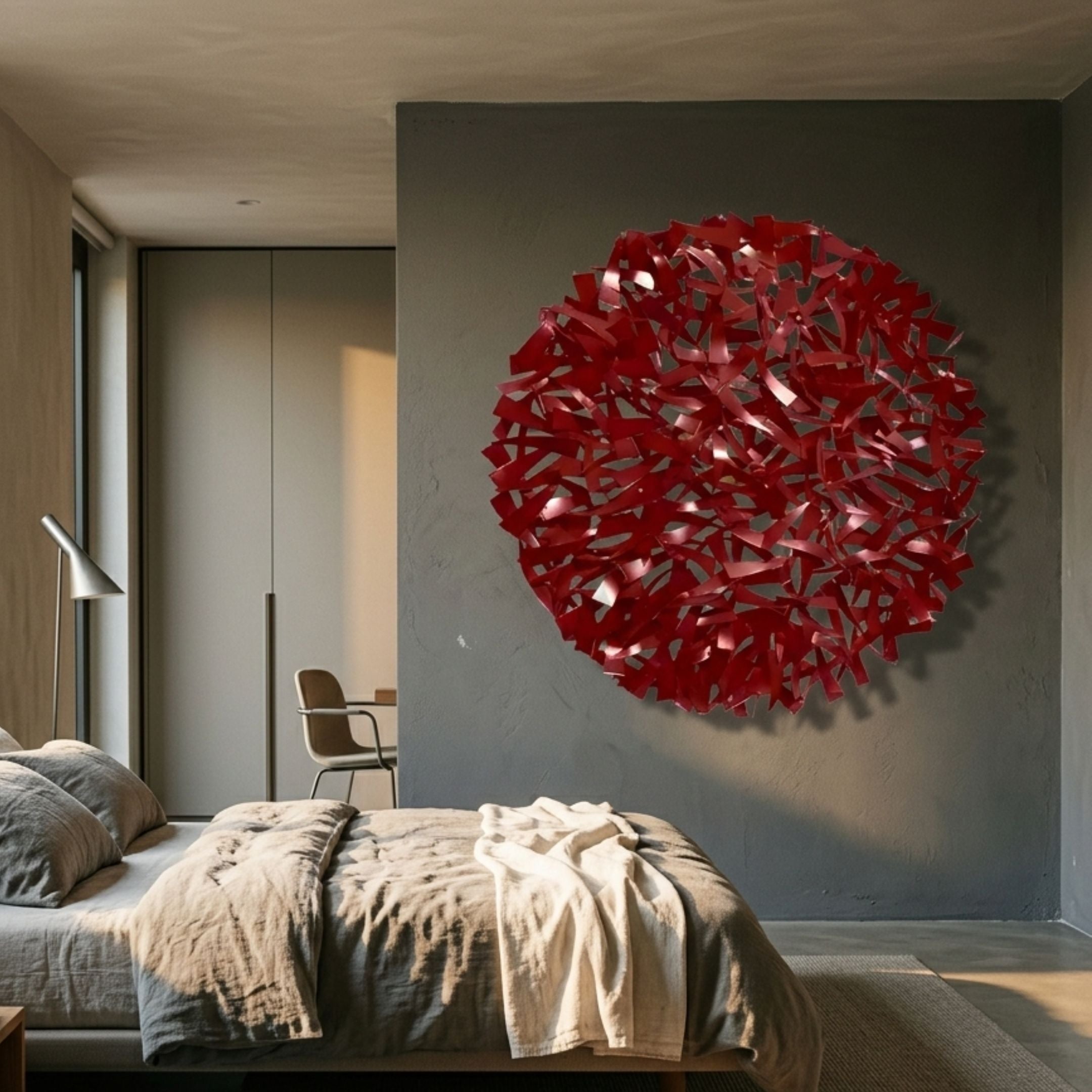 Eclat Sphere Red Abstract Metal Wall Art by Giant Sculptures, a dense woven red iron sphere mounted on a grey bedroom feature wall above a linen-dressed bed.