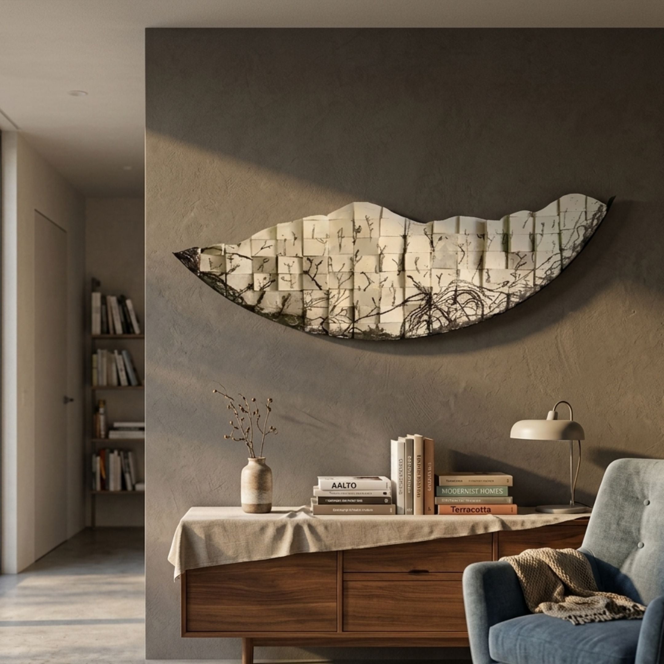 Arcana Beige Woodland Mosaic Half-Moon 3D Wall Art by Giant Sculptures mounted above a walnut sideboard with books, lamp, and vase in a modern living room.