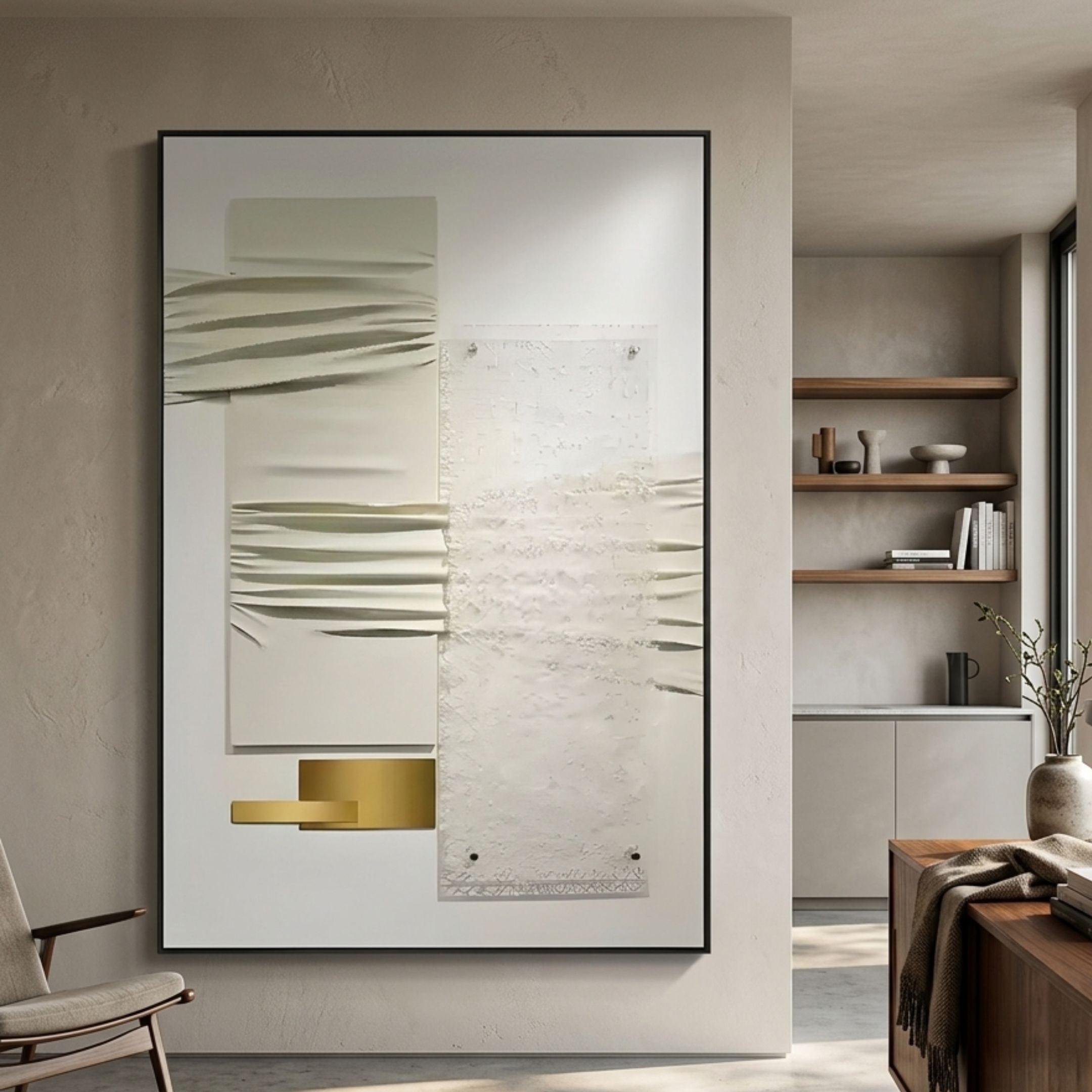 Opus White & Gold Accent Layered Geometric Leather 3D Wall Art by Giant Sculptures, black-framed and mounted in a neutral modern living room with shelving.