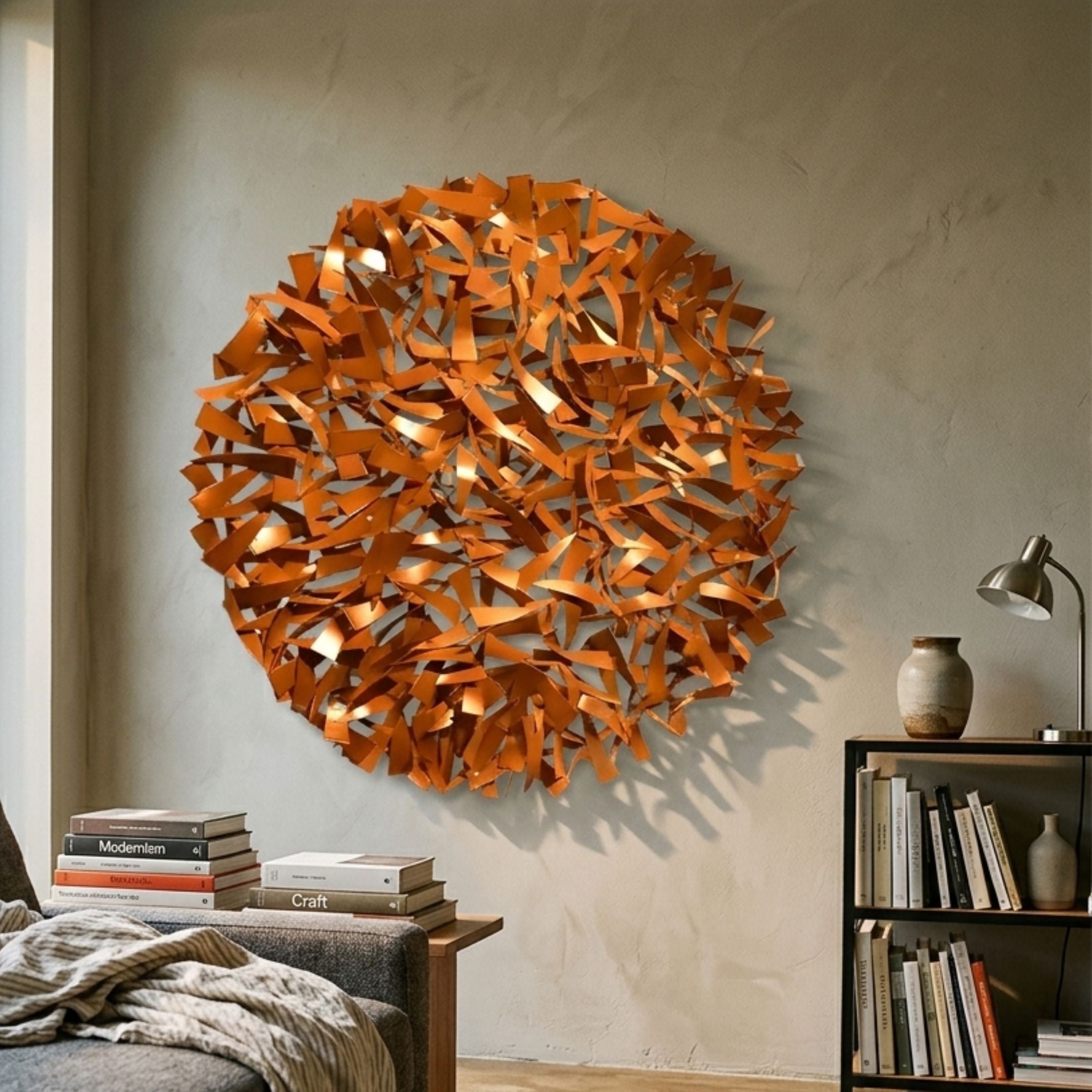Eclat Sphere Copper Abstract Metal Wall Art by Giant Sculptures displayed on a beige wall above a bookshelf and stacked books in a modern living room.