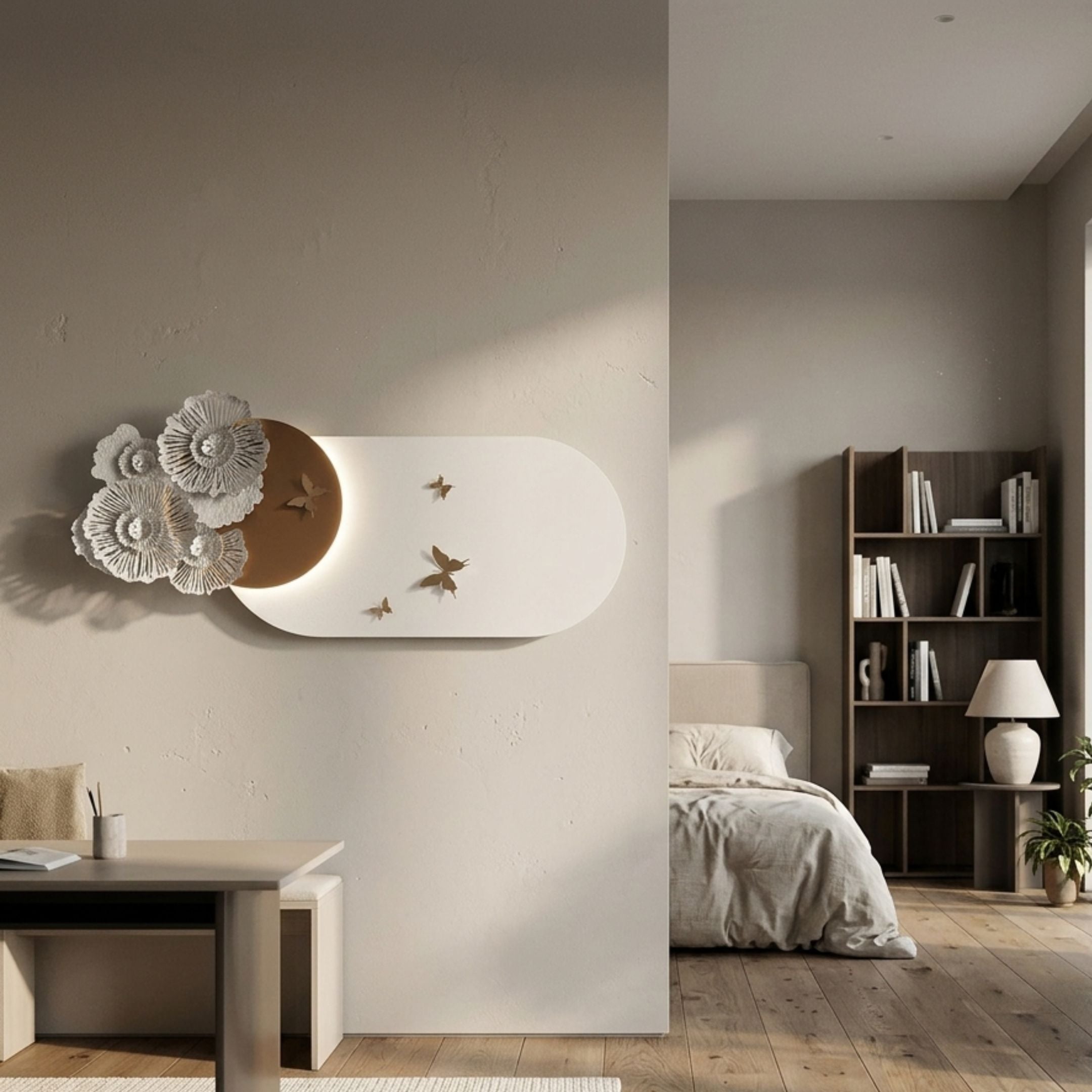 Flutter Bloom Gold Butterfly Floral 3D Wall Art by Giant Sculptures mounted on a beige wall between a dining area and bedroom with bookshelf.