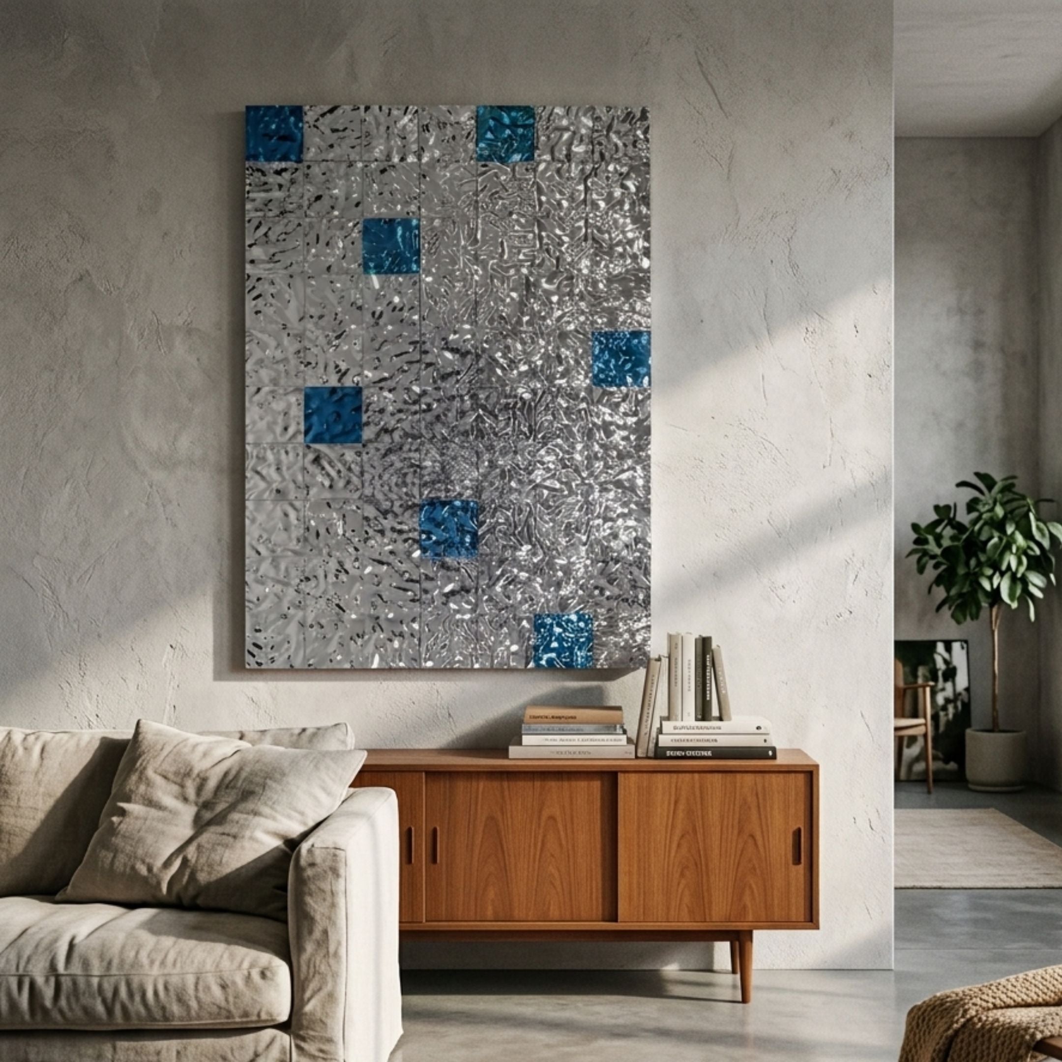 Prismatica Blue & Silver Mosaic 3D Wall Art by Giant Sculptures mounted above a teak sideboard in a concrete-walled living room with a linen sofa.