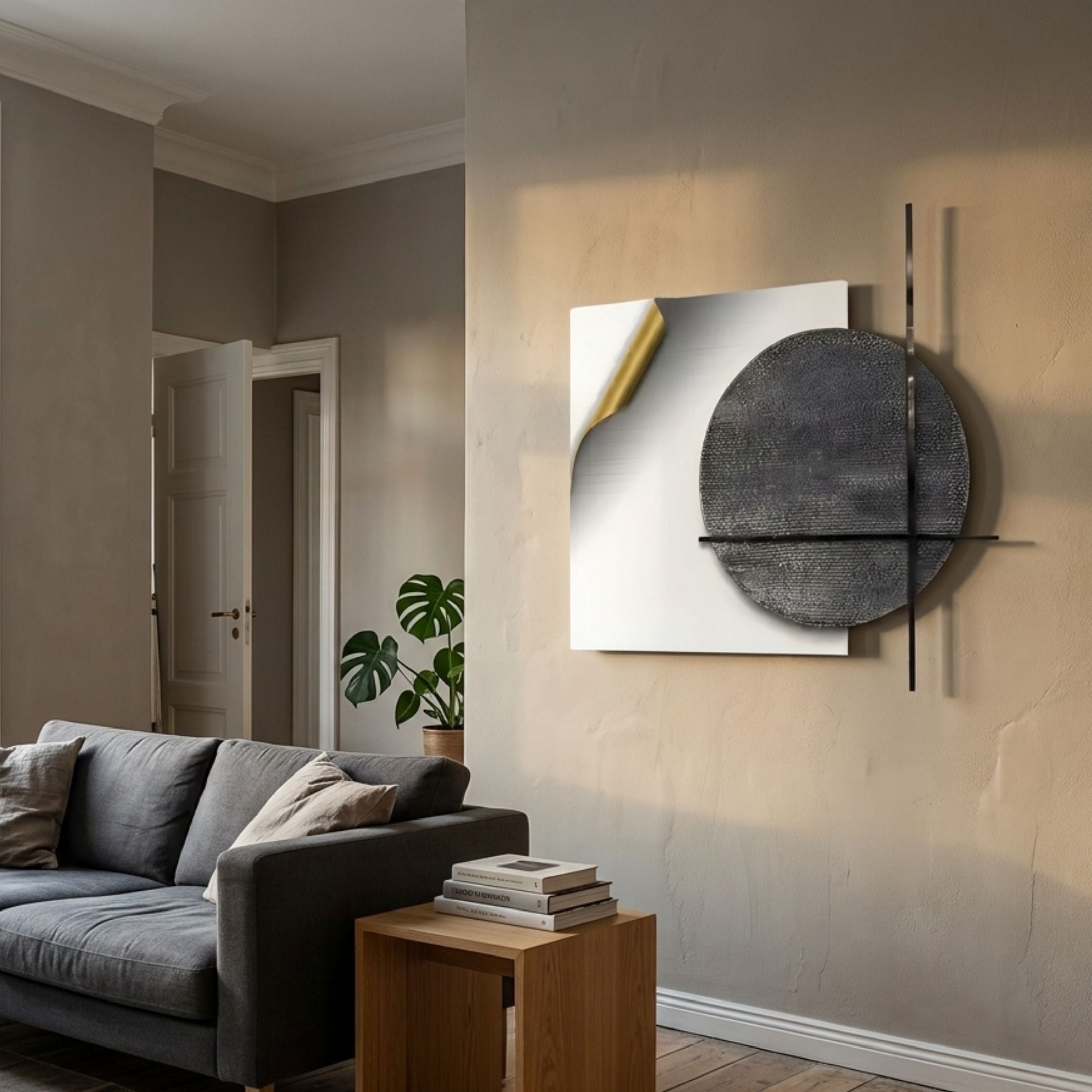 Tesselle White Metal Fold & Grey Textured Geometric Wall Art by Giant Sculptures displayed on a beige living room wall above a grey sofa and monstera plant.
