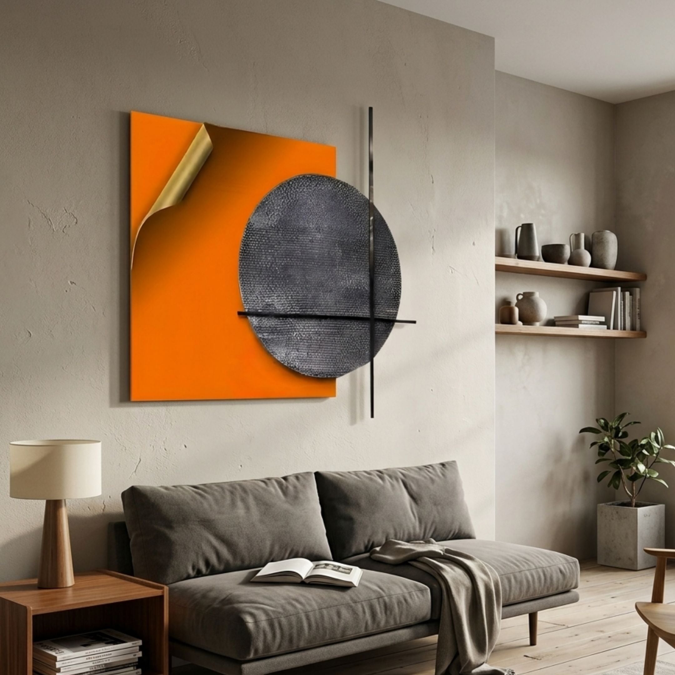 Tesselle Orange Metal Fold & Grey Textured Geometric Wall Art by Giant Sculptures displayed above a grey sofa in a modern living room with shelves.
