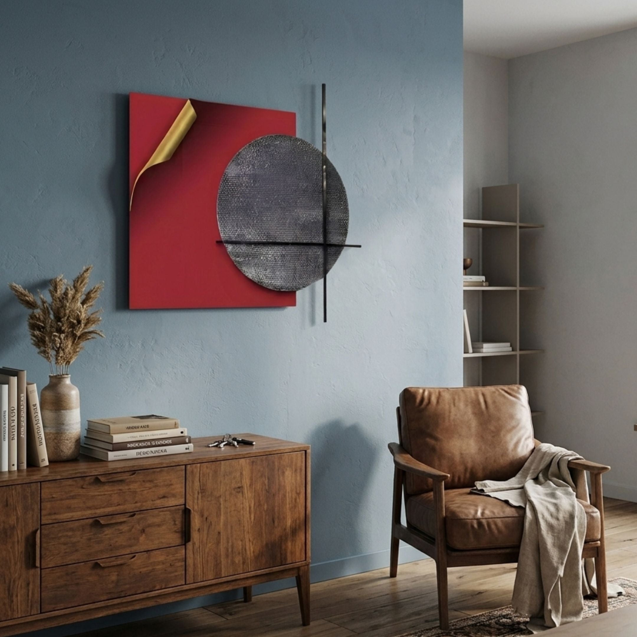Tesselle Red Metal Fold & Grey Textured Geometric Wall Art by Giant Sculptures displayed on a blue living room wall above a wooden sideboard and leather armchair.