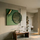 Tesselle Green Metal Fold & Grey Textured Geometric Wall Art by Giant Sculptures mounted above a walnut console with books in a modern neutral interior.