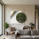 Tesselle White Metal Fold & Green Textured Geometric Wall Art by Giant Sculptures displayed in a neutral living room above a mid-century chair and grey sofa.