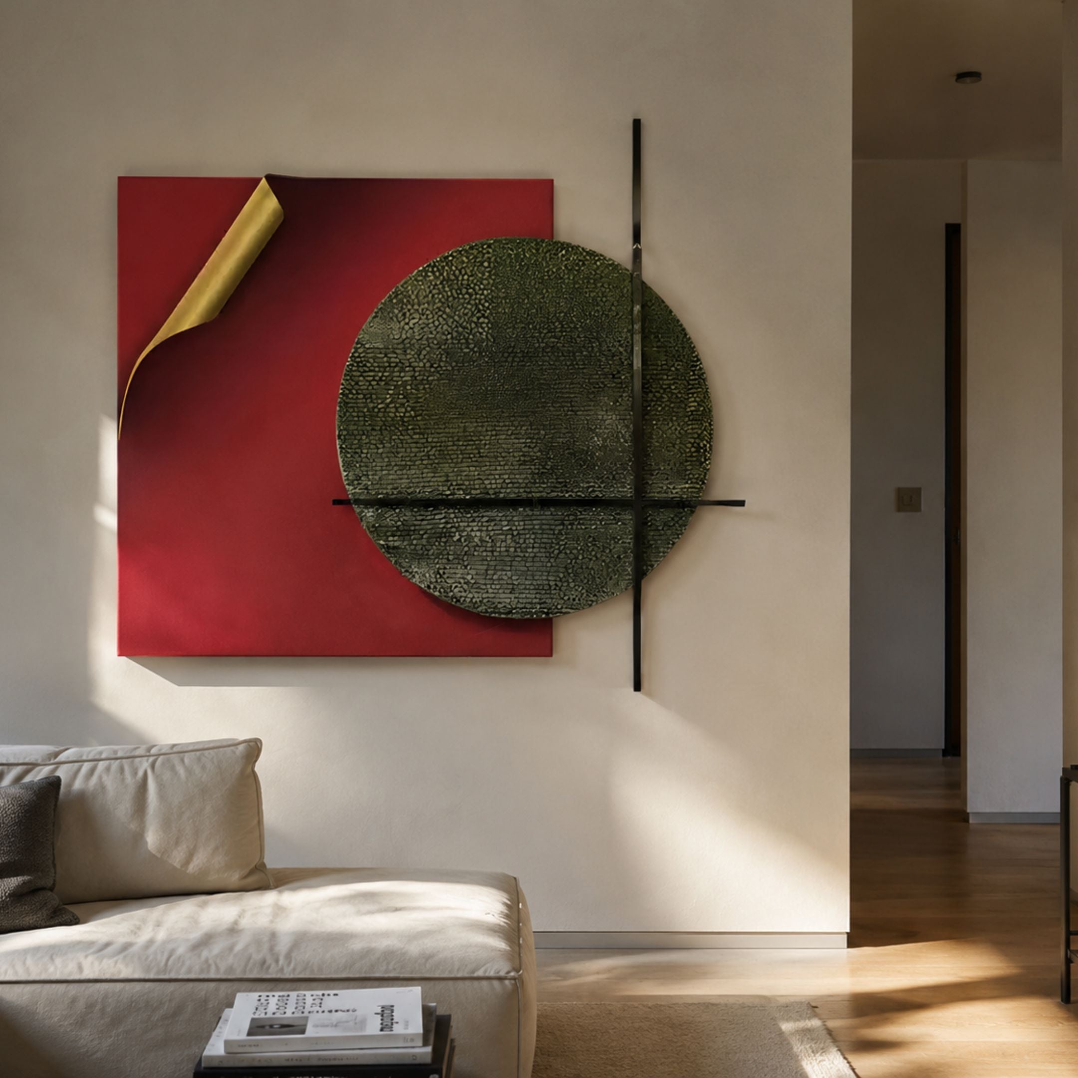Tesselle Red Metal Fold & Green Textured Geometric Wall Art by Giant Sculptures displayed above a cream sofa in a sunlit modern living room.