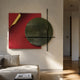 Tesselle Red Metal Fold & Green Textured Geometric Wall Art by Giant Sculptures displayed above a cream sofa in a sunlit modern living room.