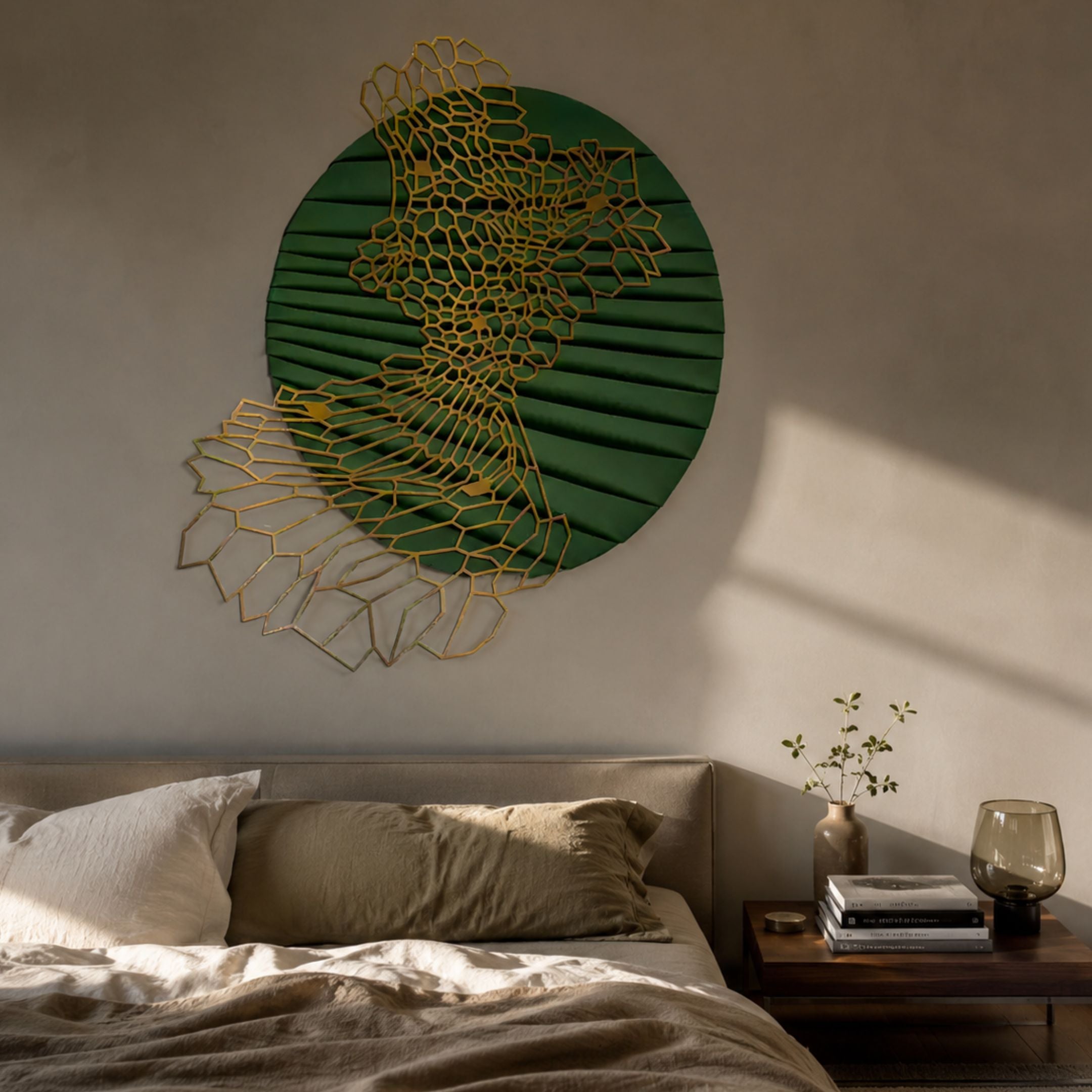 Auramesh Forest Green-II wall art with pleated green leather disc and gold honeycomb mesh wing, mounted above a bed with linen bedding and walnut nightstand.