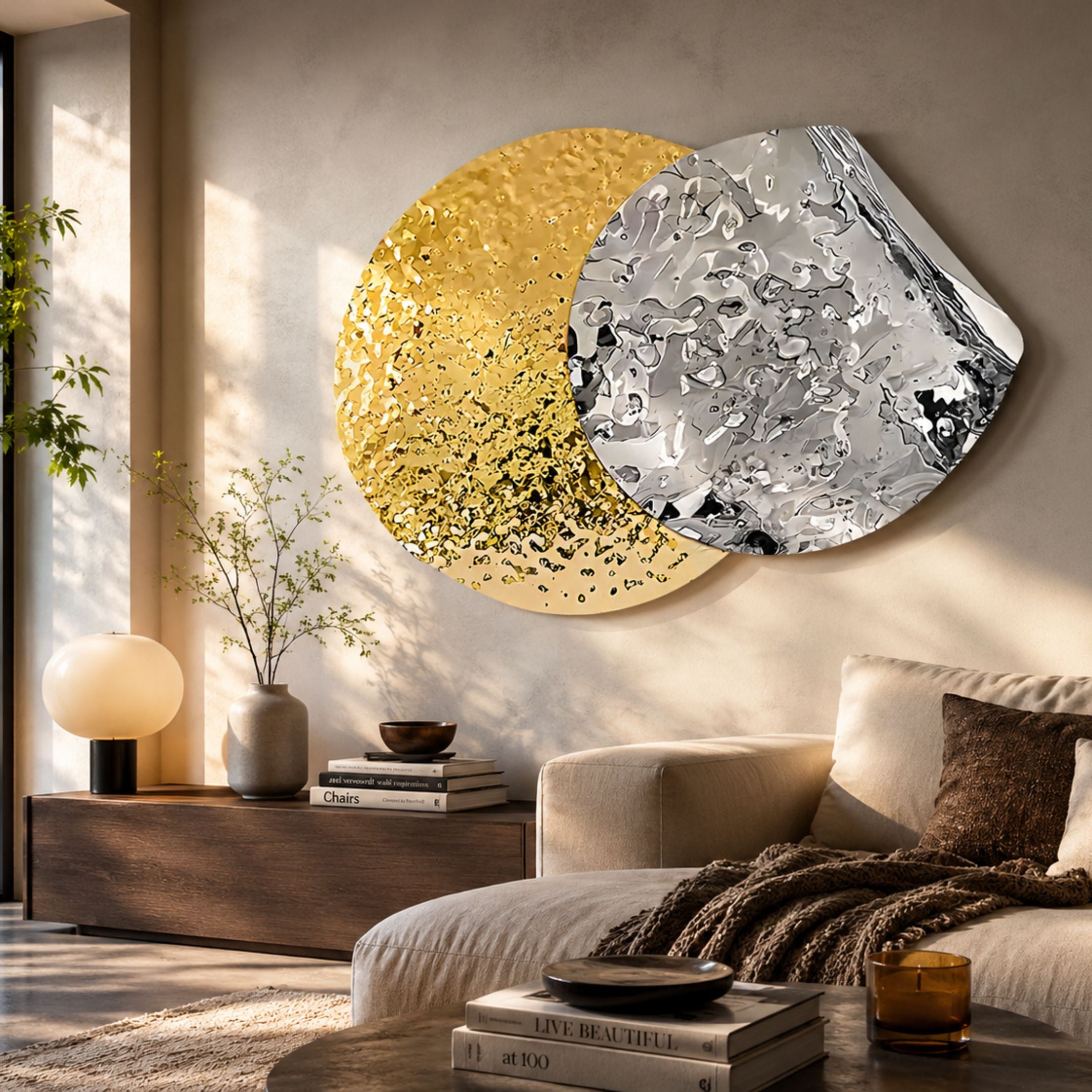 Metaluxe IV Gold & Silver Dual Disc Textured 3D Wall Art by Giant Sculptures mounted above a wooden console in a sunlit neutral living room.