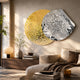 Metaluxe IV Gold & Silver Dual Disc Textured 3D Wall Art by Giant Sculptures mounted above a wooden console in a sunlit neutral living room.