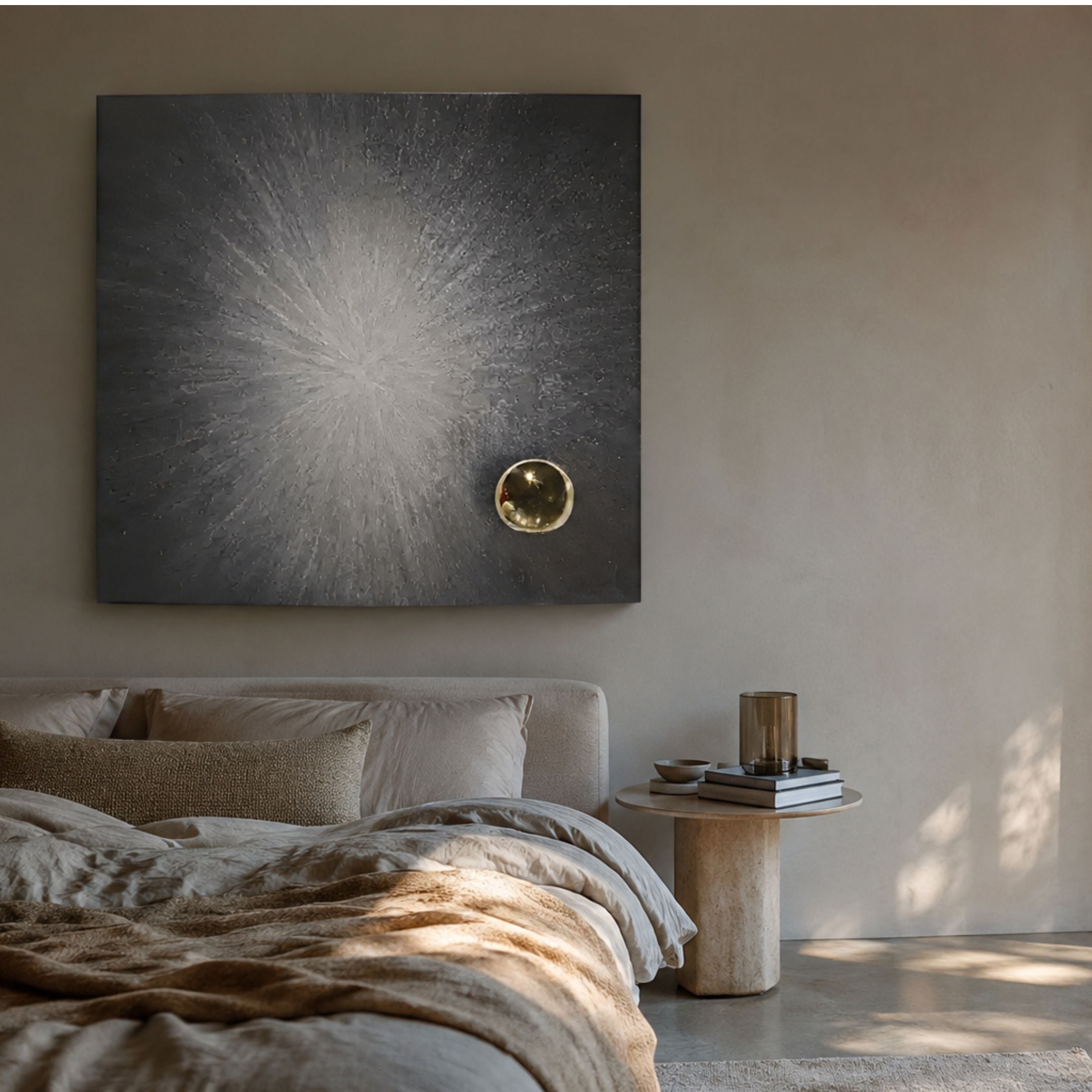 Astralis Silver Radiance Abstract 3D Wall Art by Giant Sculptures hung above a linen-dressed bed with a travertine side table in a neutral bedroom.