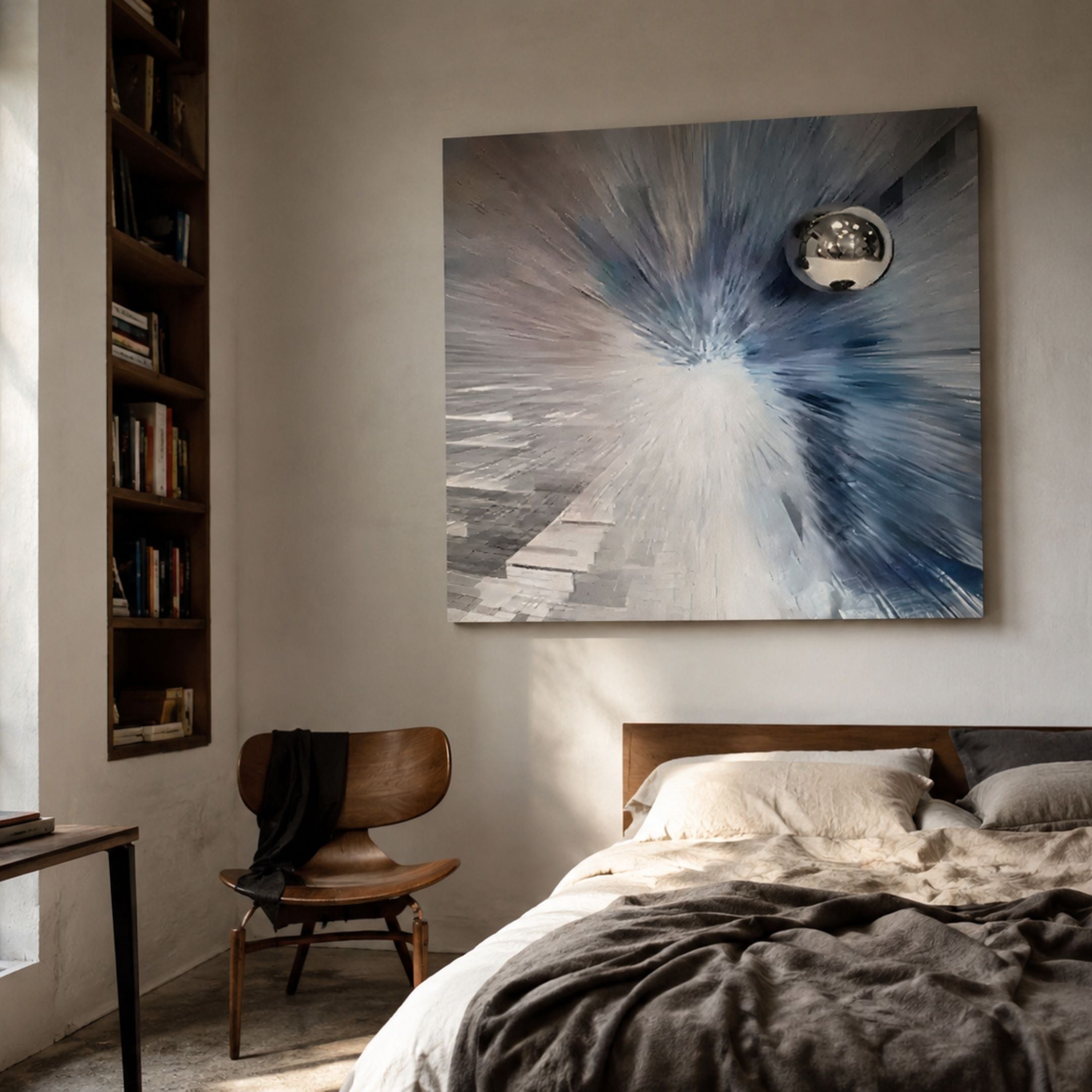 Astralis Frostflare Radiant Abstract 3D Wall Art with blue-white radial streaks and a polished silver sphere, mounted above a wooden bed beside a bookshelf.