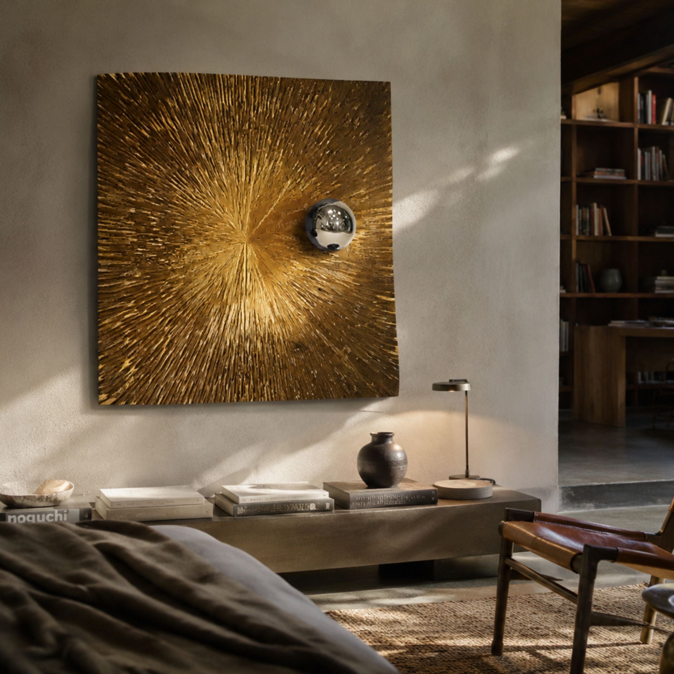 Astralis Golden Nova Abstract 3D Wall Art by Giant Sculptures, a textured gold starburst panel with a central chrome sphere, displayed above a console in a living room.