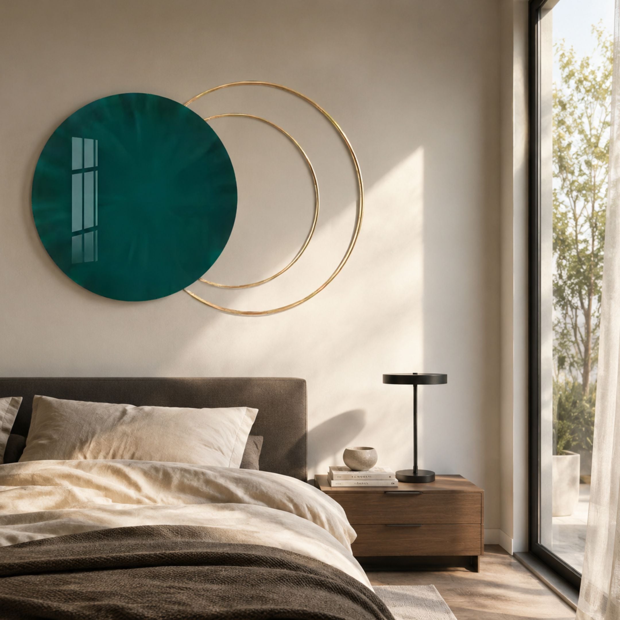 Eclipse Luxe Velvet Emerald Circular Ring Wall Art by Giant Sculptures mounted above an upholstered bed with linen bedding, wooden nightstand, and bright window light.