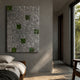 Prismatica Green & Silver Mosaic 3D Wall Art by Giant Sculptures mounted on a grey bedroom wall beside a sunlit window and wooden bed.