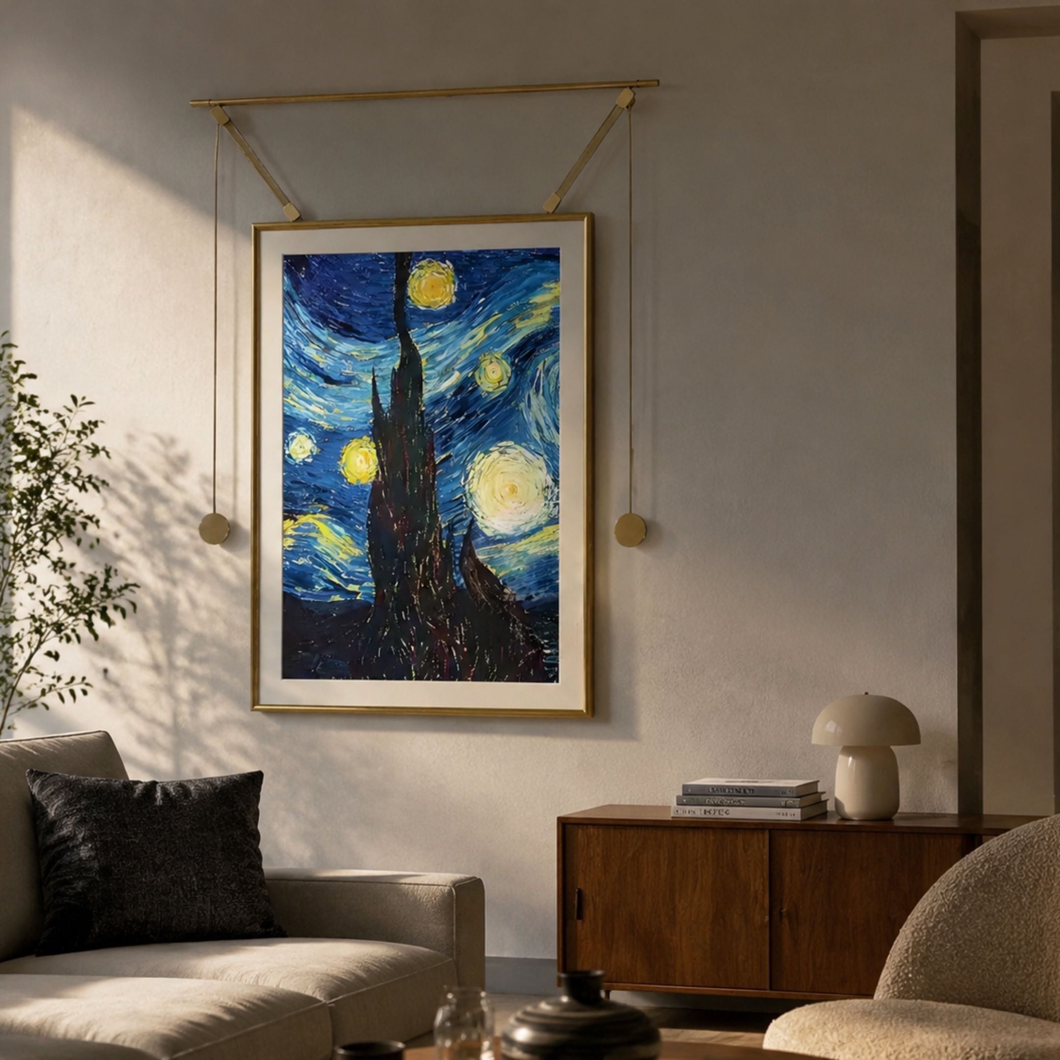 Reverra Starry Night Classic Hanging Frame Wall Art by Giant Sculptures suspended from slim gold rods above a walnut sideboard in a warm neutral living room.